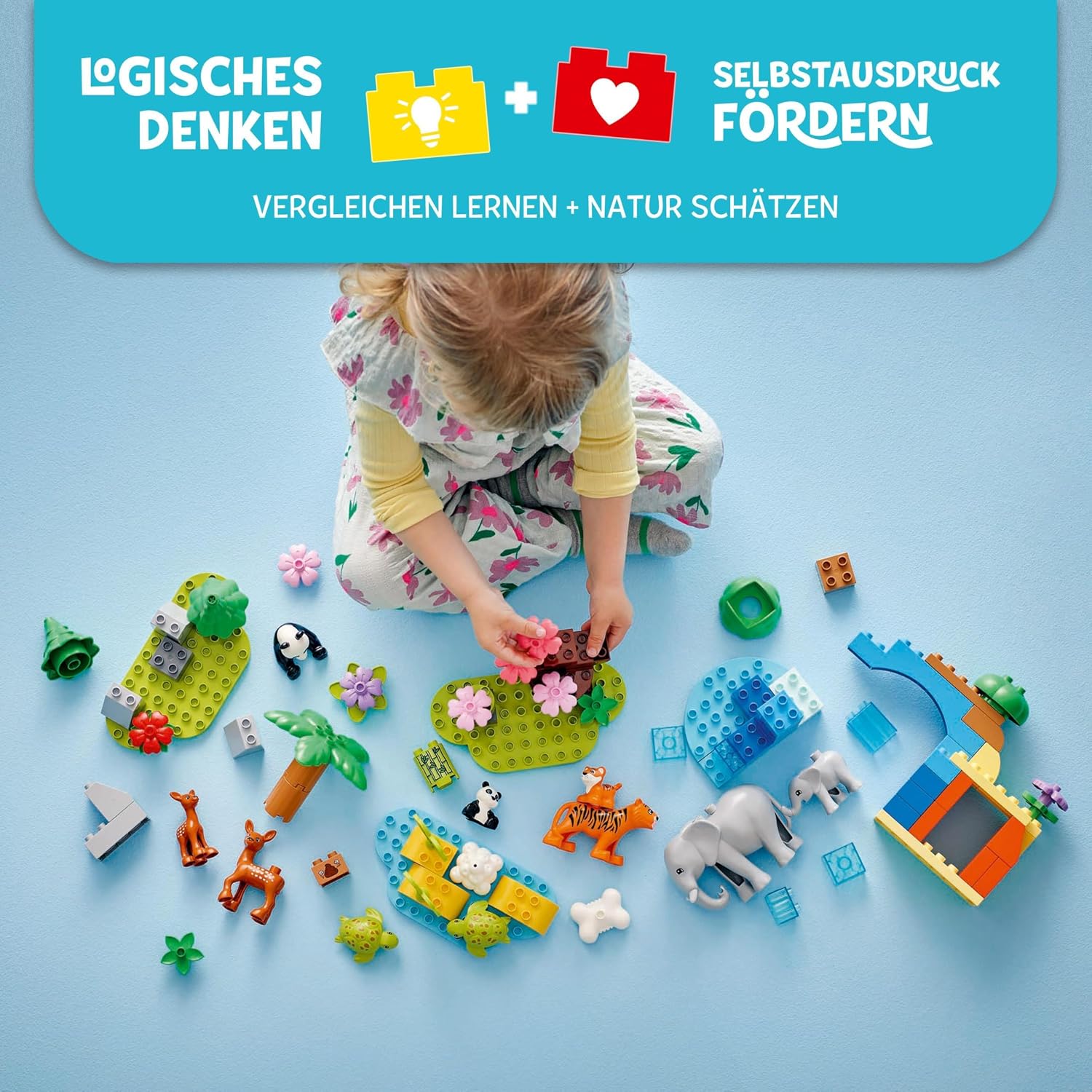 Detalle de LEGO DUPLO Town Wildtier-Familien 3-in-1 (Set 10446) – Lernspielzeug ab 2 Jahren mit Schildkröte, Tiger, Elefant, Hirsch & Panda