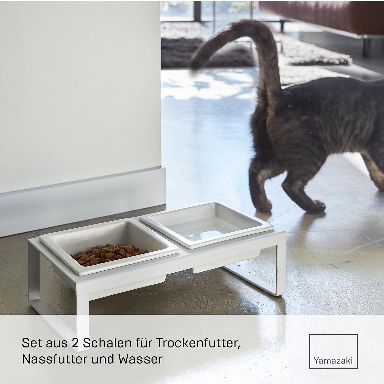 Detalle de Yamazaki 4744 Tower Futternapf – weiß, Stahl/Keramik, 2x300 ml, 29 x 15,5 x 10 cm