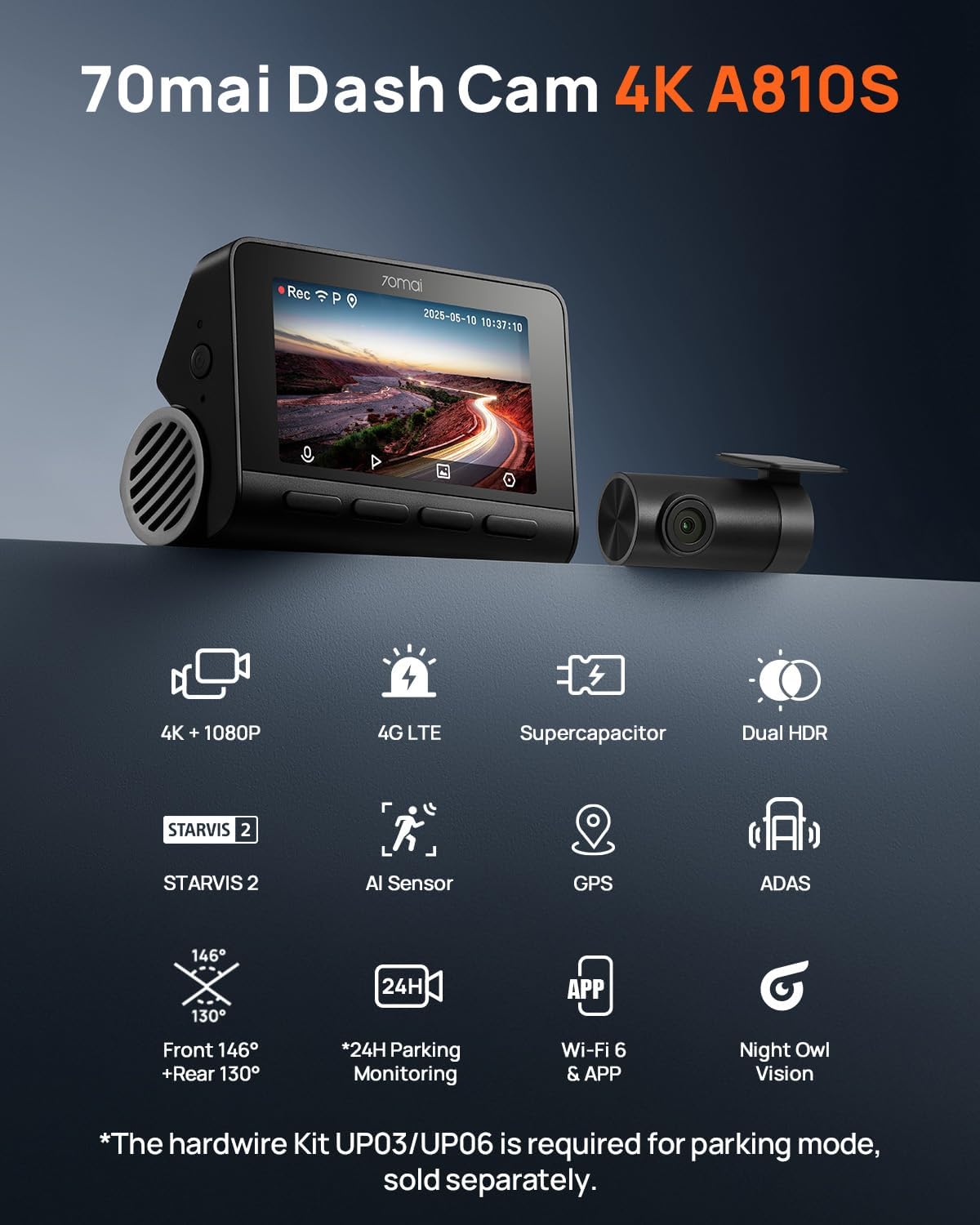 Detalle 2 de 70mai 4K Dash Cam Front and Rear A810S (4K+1080P) with STARVIS 2, HDR, WiFi App Control, ADAS & Parking Mode