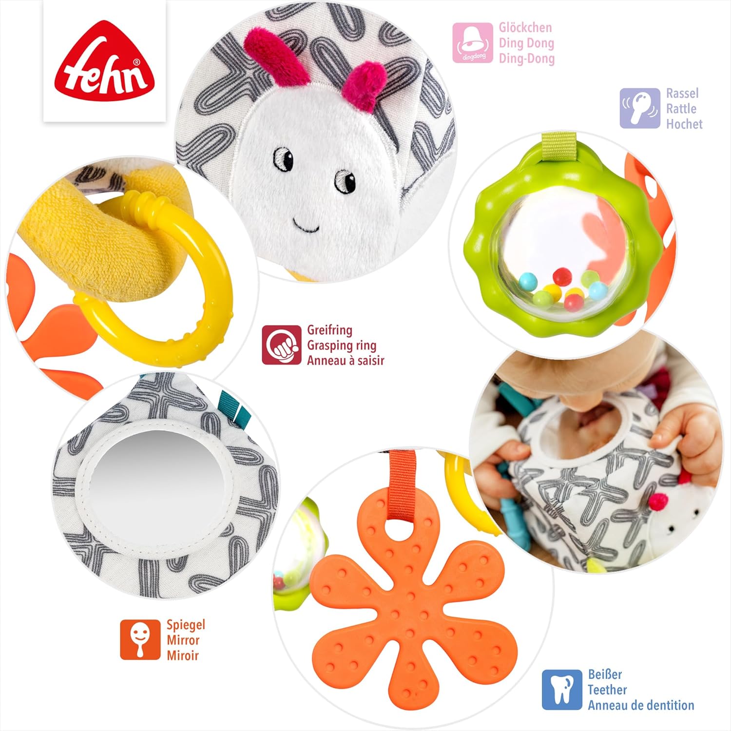 Detalle de Fehn Activity-Würfel Raupe mit Greifelementen und C-Ring – Motorikspielzeug für Babys ab 0+ Monaten