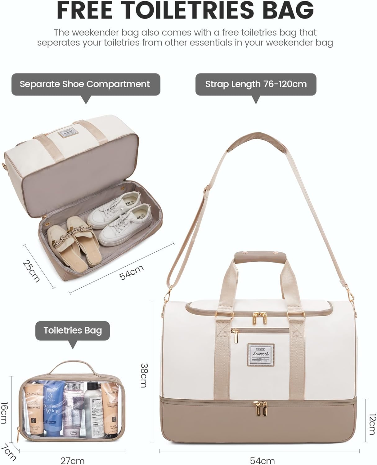 Detalle 2 de LOVEVOOK Reisetasche Handgepäck 50L – Groß, 11 Fächer, Schuh- und Nassfach, inkl. Kulturbeutel