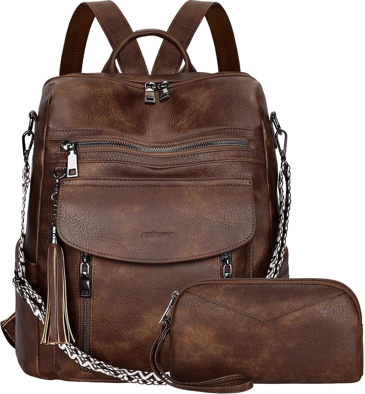 Detalle de LEASOUL Damen Rucksack-Set wasserfest mit Diebstahlschutz & veganem Leder – Cityrucksack mit Handgelenktasche