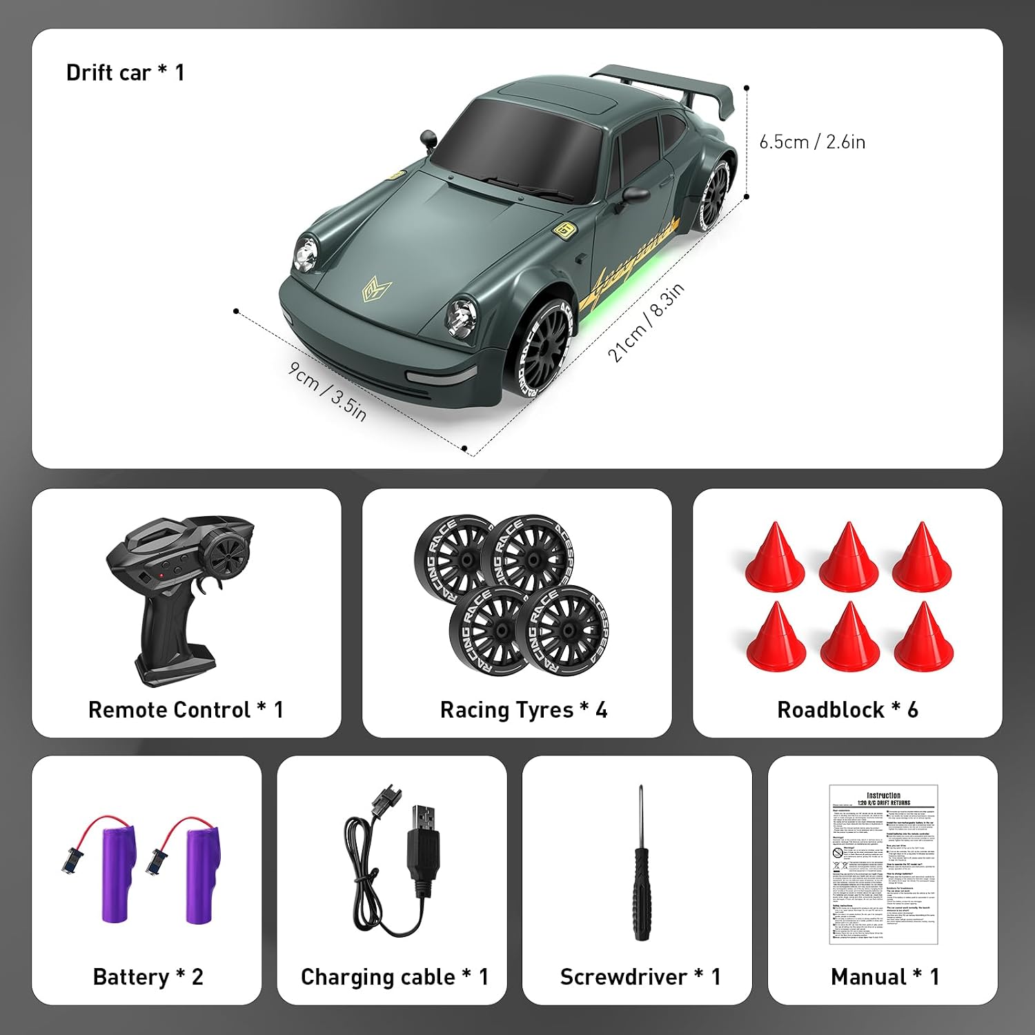 Thumbnail 6 de Remote Control Car RC Drift Car 1:20 4WD with 2.4GHz Radio, 20KM/H, LED Lights, 2 Tire Configurations