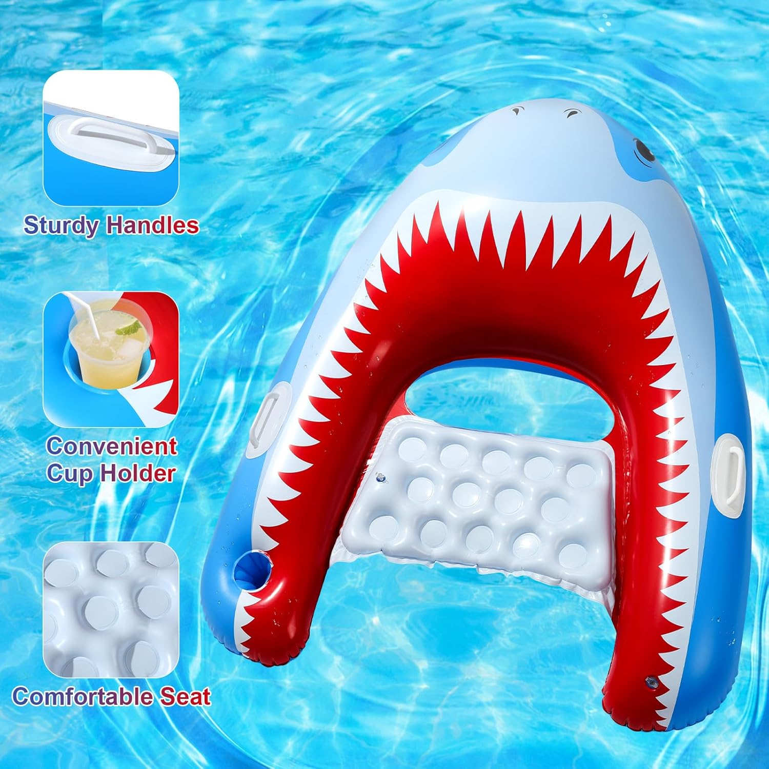 Detalle de HeySplash Inflatable Pool Floats: Shark-Shaped Tanning Lounger with Cup Holder (Extra Large)