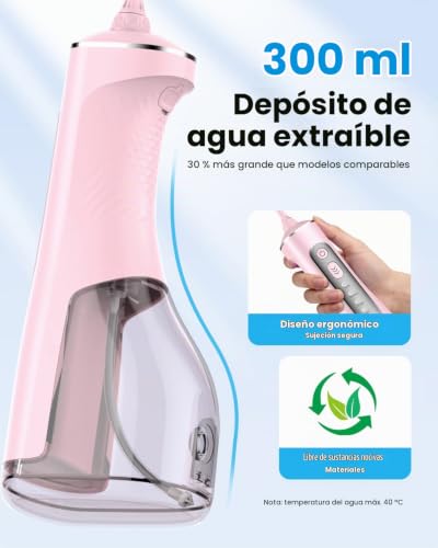 Detalle 2 de JTF Irrigador bucal eléctrico de 300 ml rosa, 3+1 modos y 6 boquillas