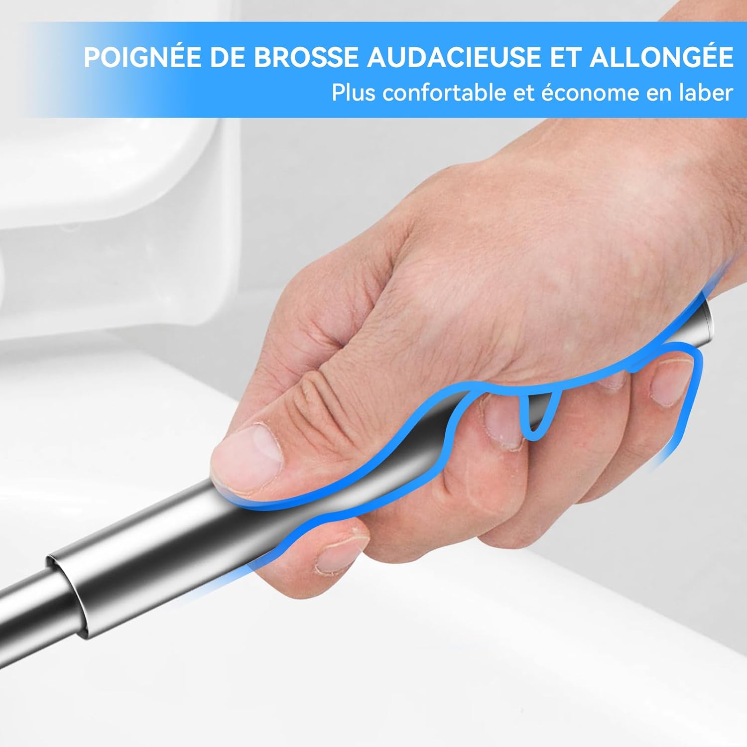 Detalle 2 de TOURRAMIT Brosse Toilettes WC en Acier Inoxydable 304 – Balayette sur pied avec tête remplaçable, finition argent brossé