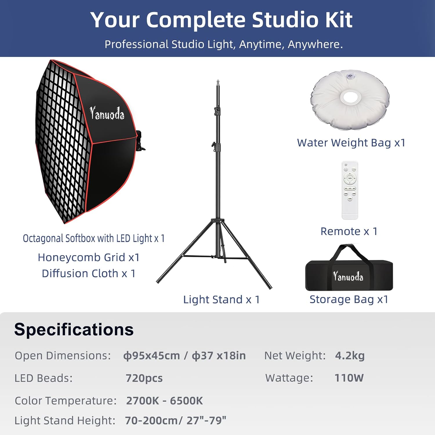 Thumbnail 6 de 95 cm Acht-Eck-Softbox Beleuchtungsset – 110 W CRI 97, Stativ, Diffusor & Grid