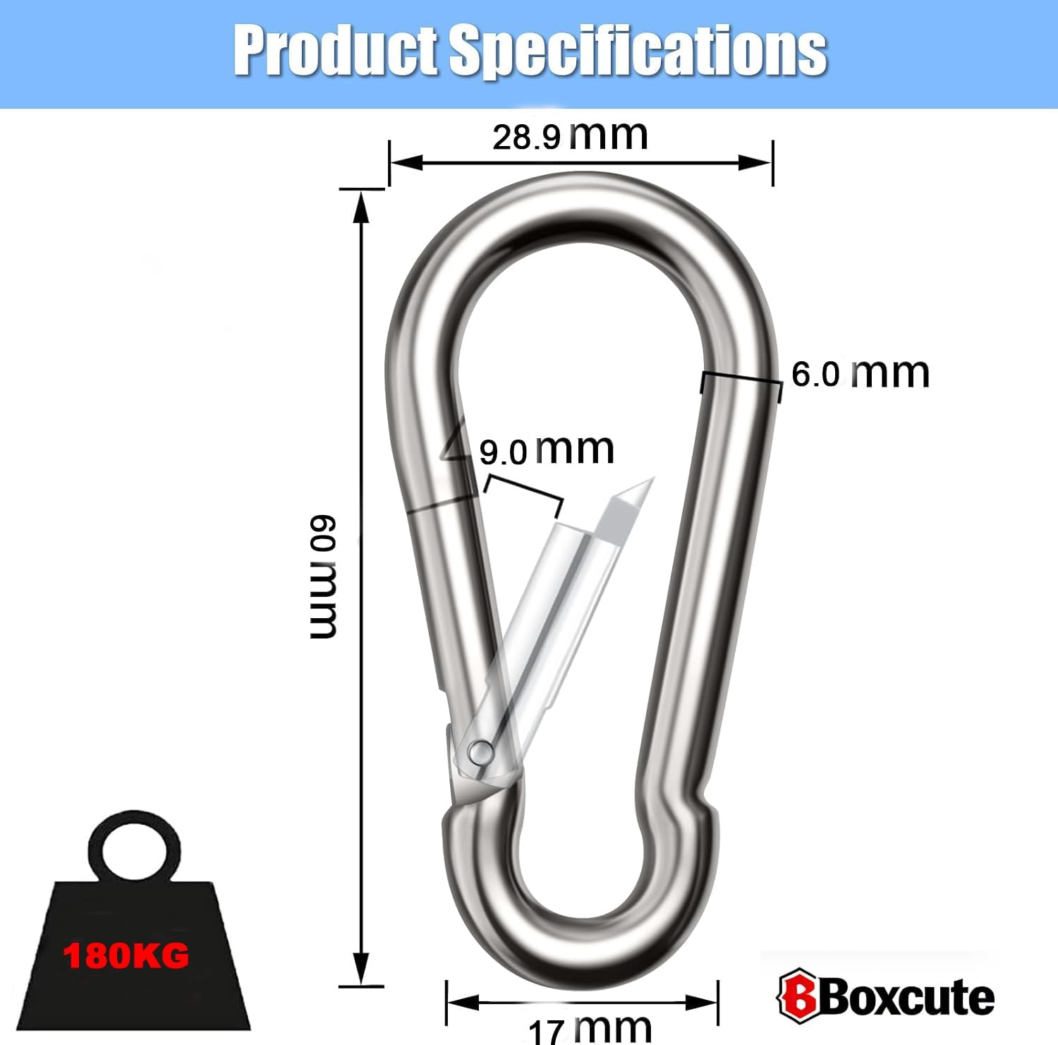 Detalle de Boxcute Lot de 12 mousquetons anti-rouille Ø6 x 60 mm – charge max 180 kg