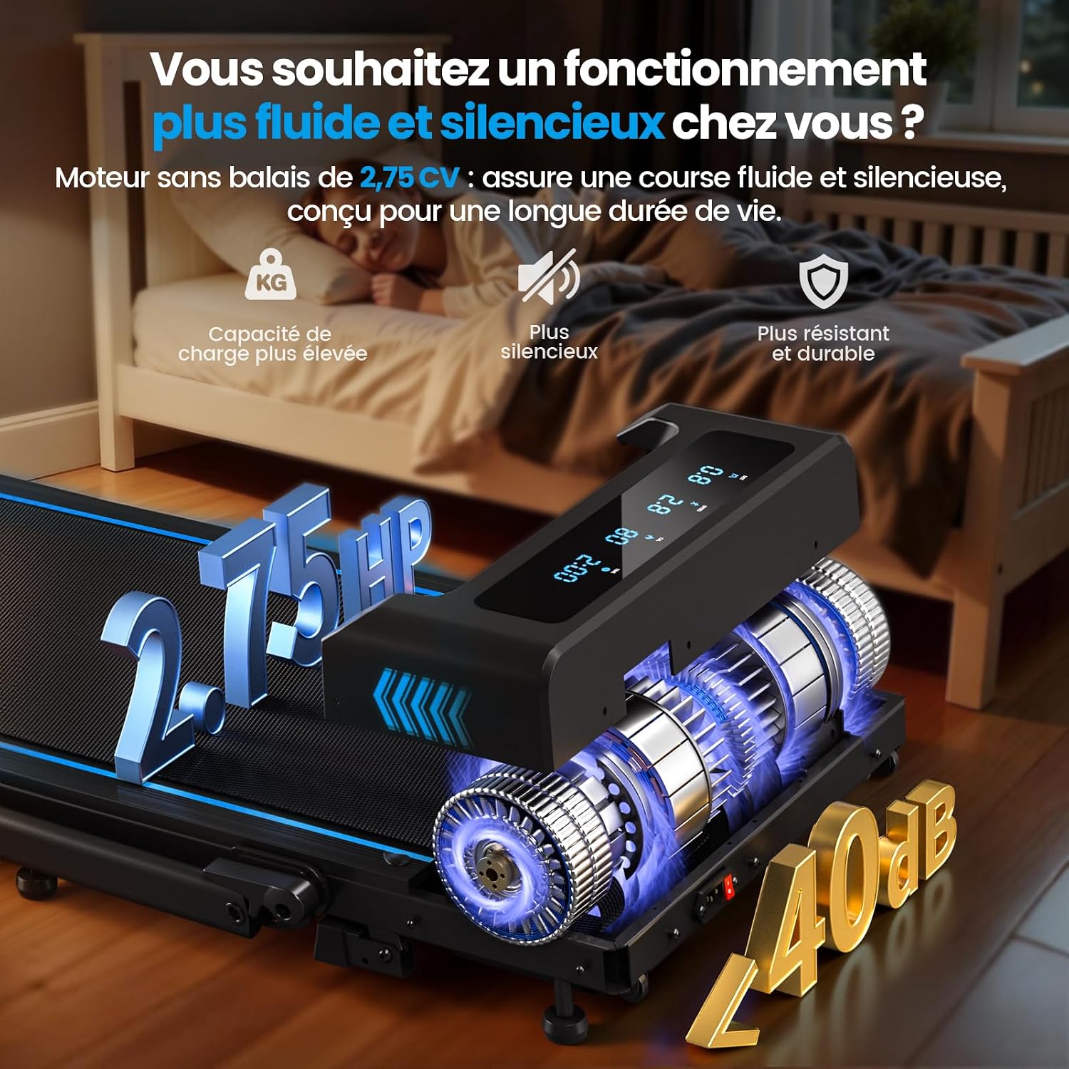Detalle 2 de FOUSAE Tapis de Course 5 en 1 — pliable, 12 programmes HIIT prédéfinis, inclinaison 9%, 12 KM/H, moteur silencieux 2,75 CV