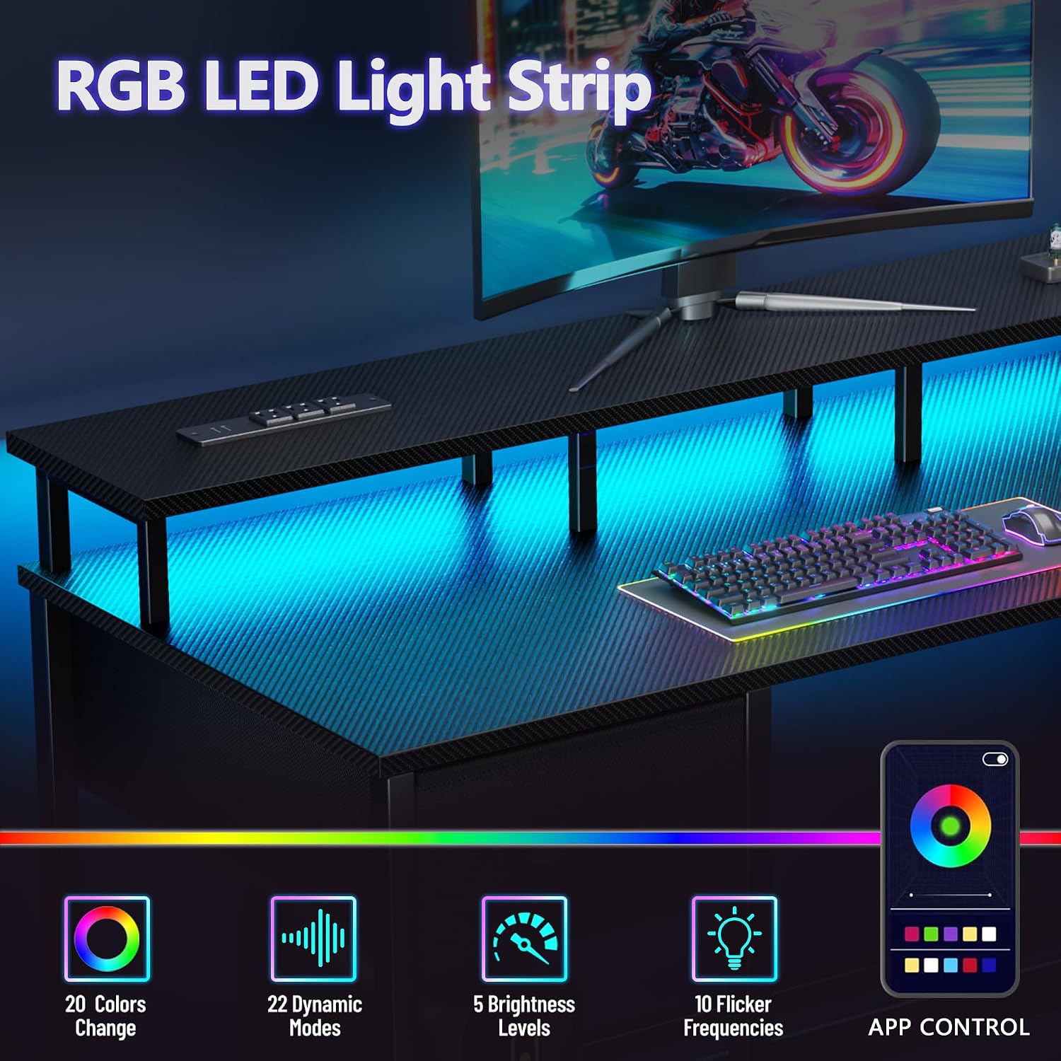 Thumbnail 3 de Korfile CD031 47-Inch Gaming Desk with RGB Lights, Charging Ports and 5 Drawers