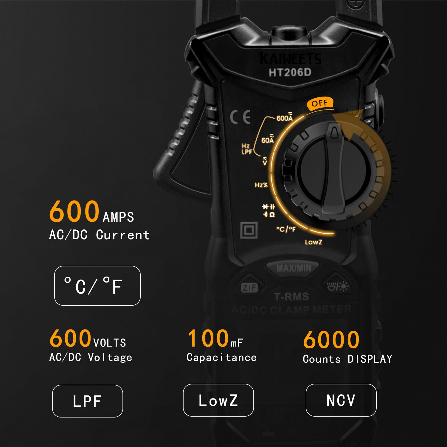 Detalle 2 de KAIWEETS HT206D Clamp Meter (True-RMS) – Auto-range 6000 counts, AC/DC current & voltage with NCV