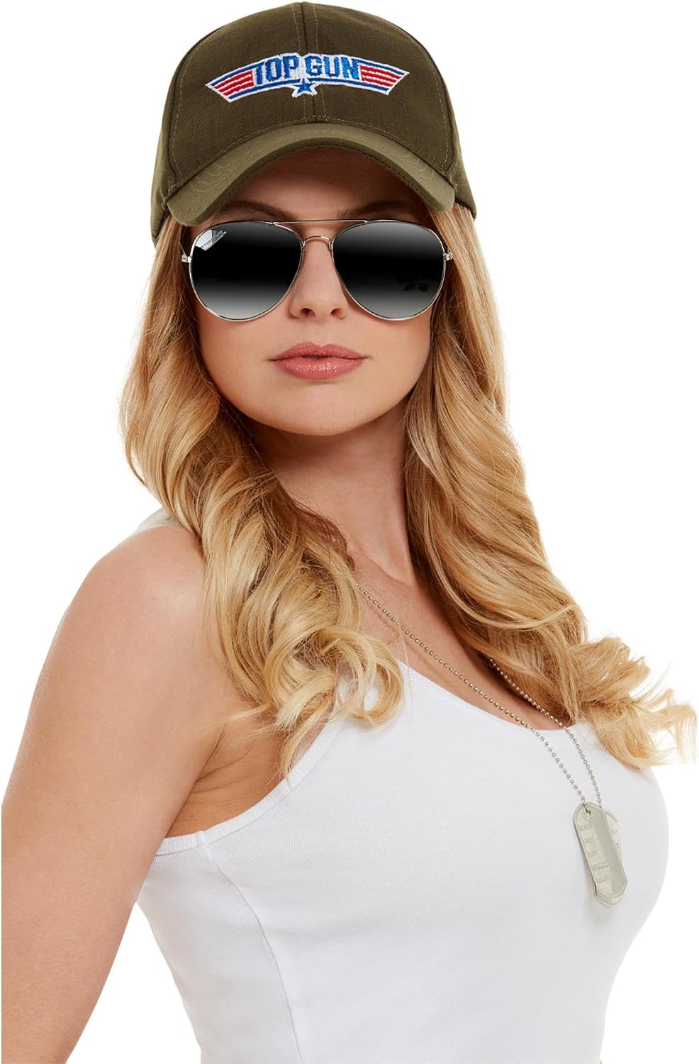 Detalle de Smiffys 50937 Top Gun instantset voor volwassenen, kaki met hoed en vliegeniersbril