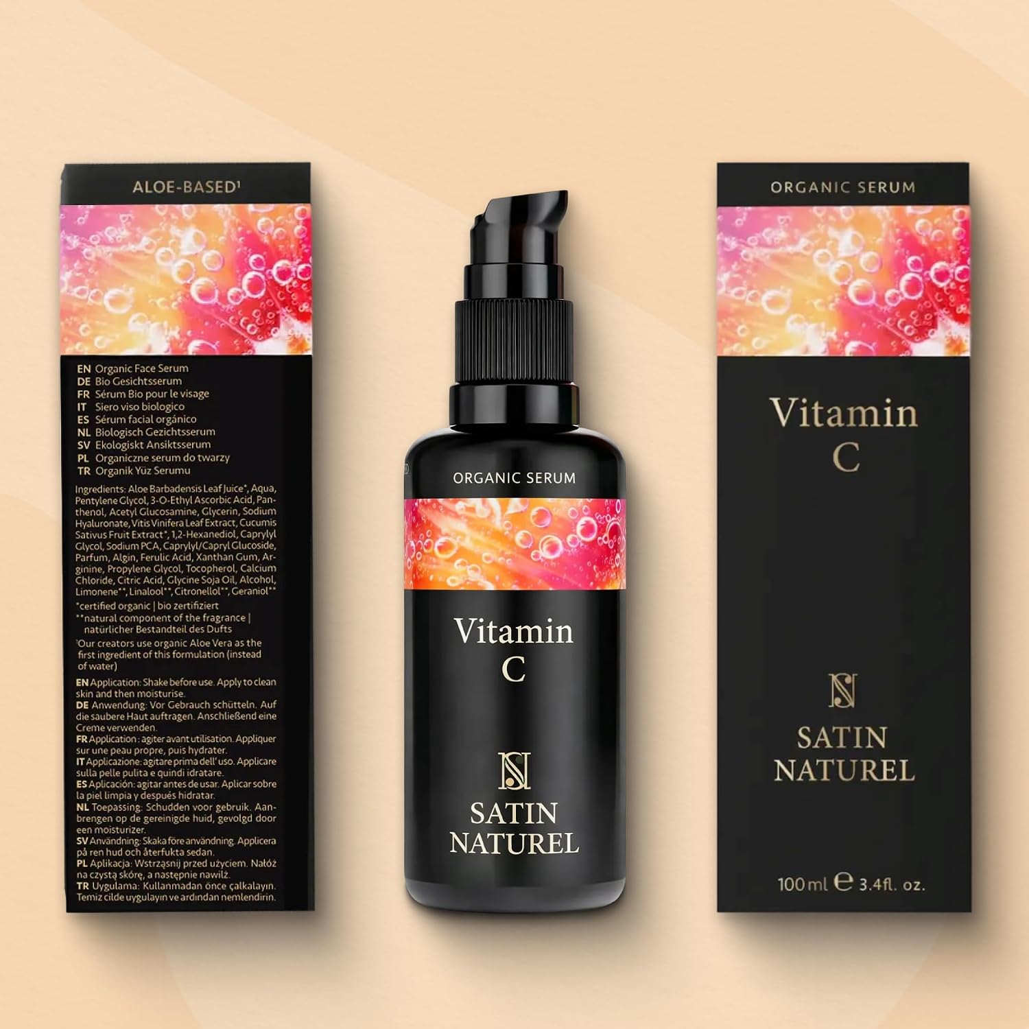 Detalle 2 de Sérum Vitamine C visage 100 ml avec acide hyaluronique, aloe vera bio et vitamine E – Satin Naturel