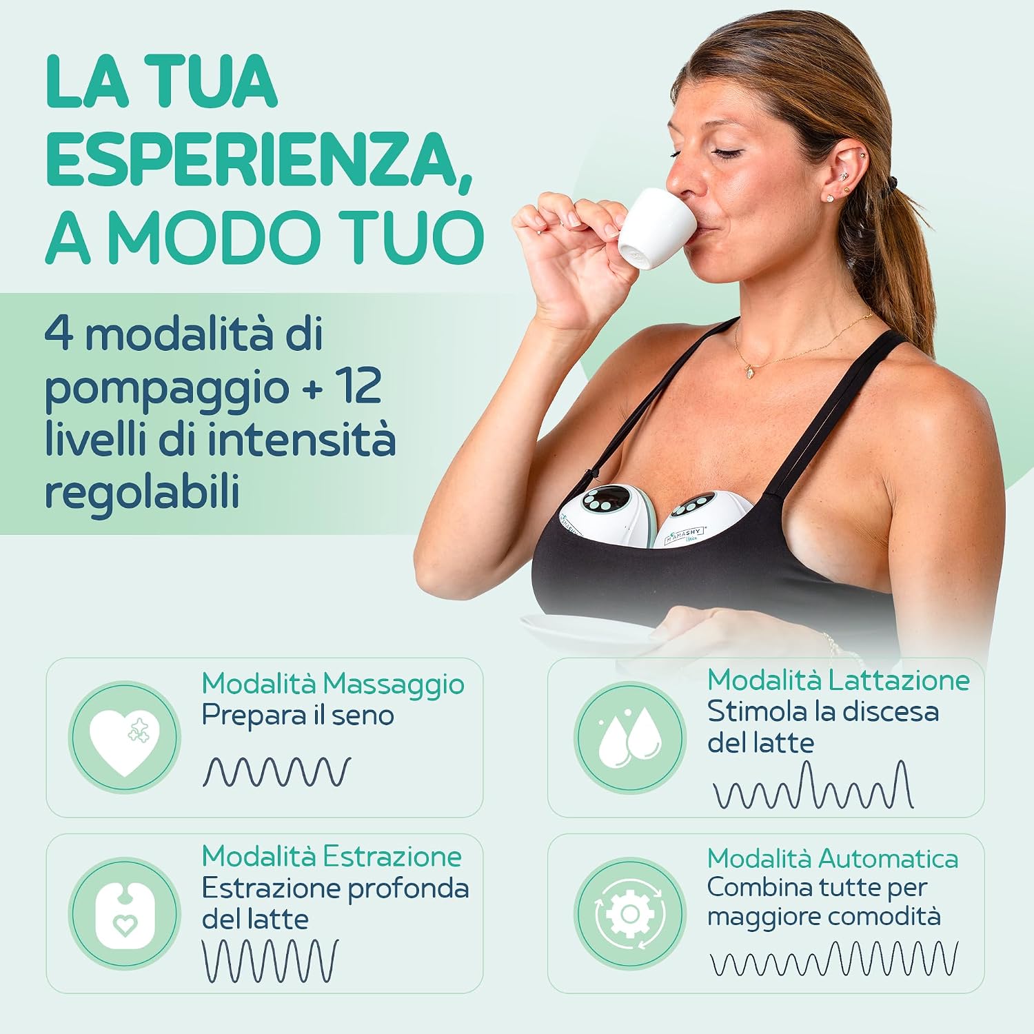 Detalle de MAMASHY Unica Go tiralatte elettrico portatile, silenzioso e indossabile con guida vocale in italiano