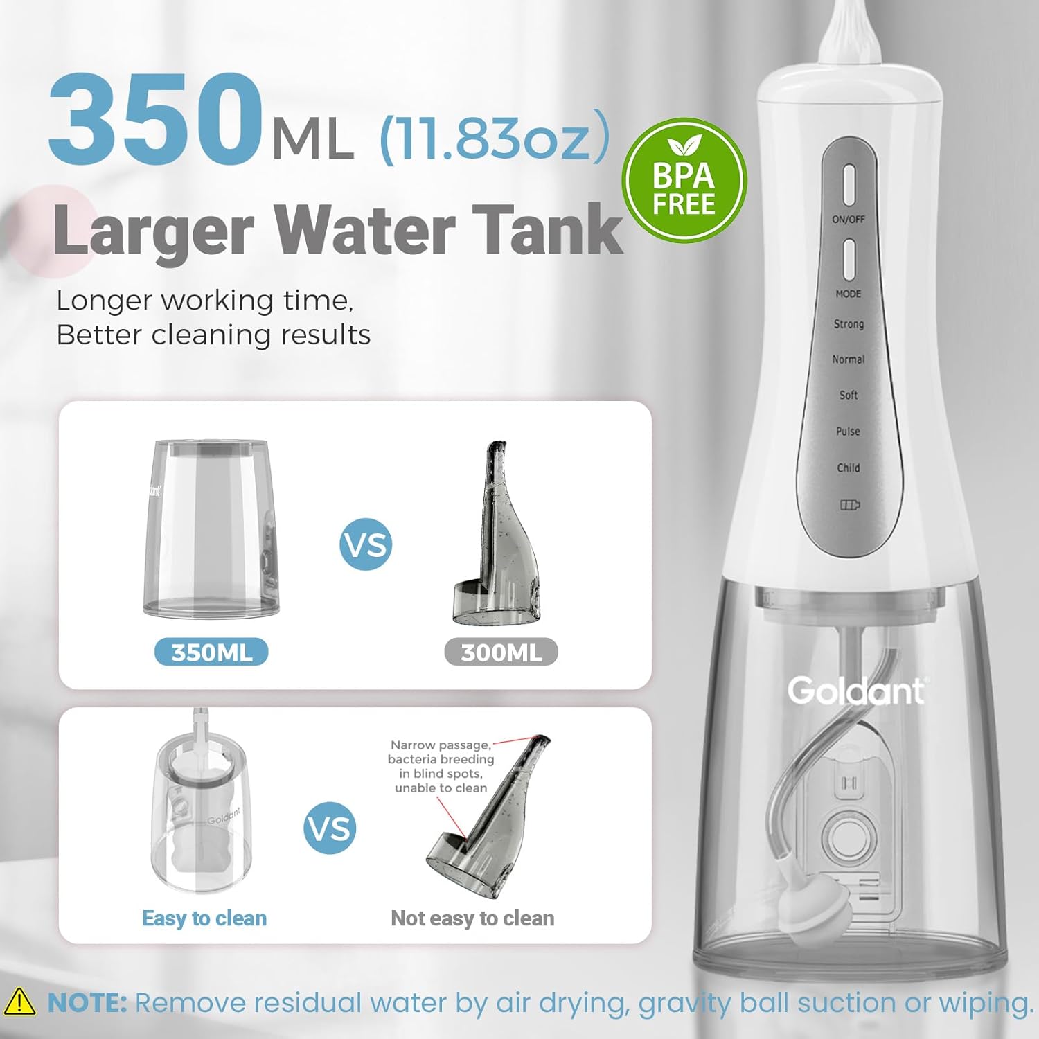 Detalle 2 de GOLDANT 2026 cordless water flosser 350ml with travel bag, 5 modes and IPX7 waterproof (White)