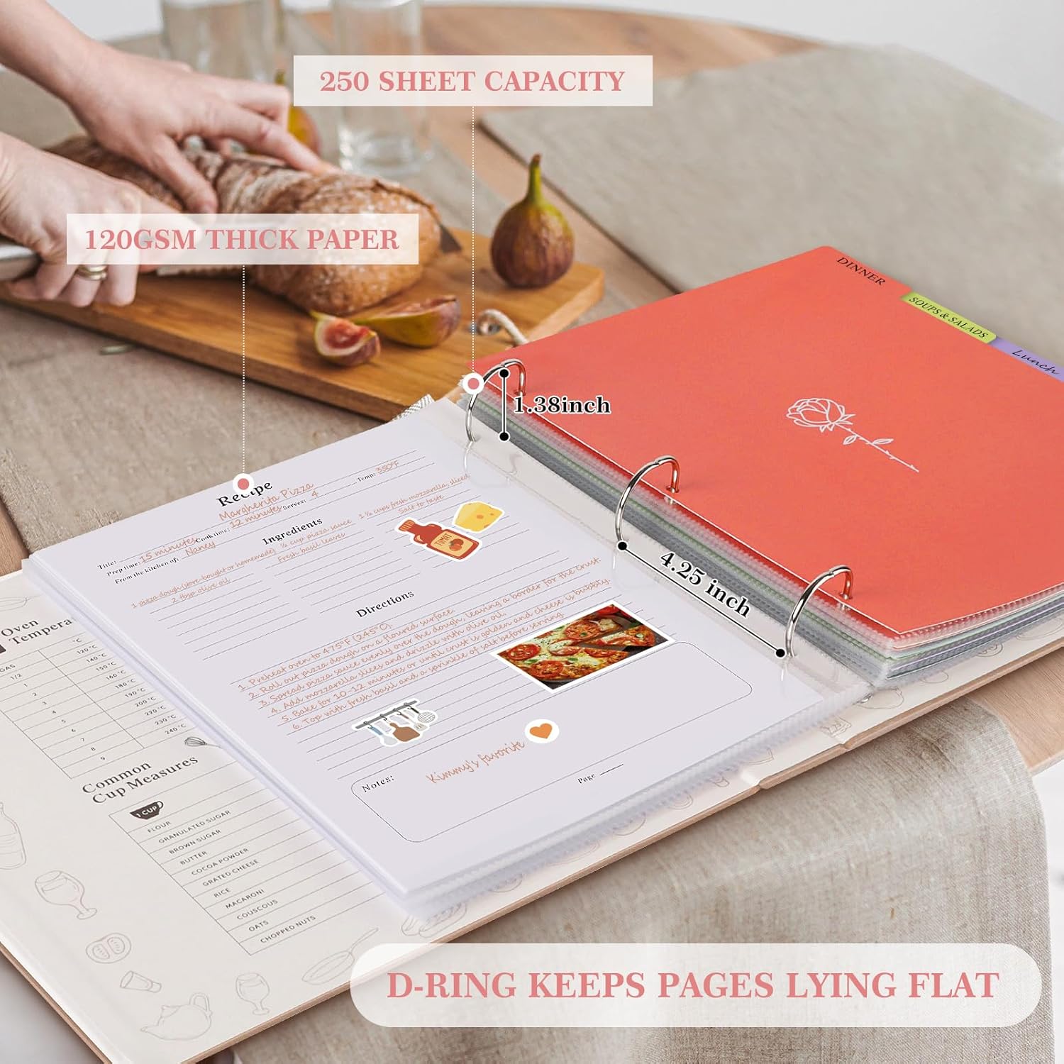 Detalle de Lanpn Recipe Binder 8.5x11 3 Ring Kit – Waterproof, Write-Your-Own Recipes with 60 Plastic Sleeves