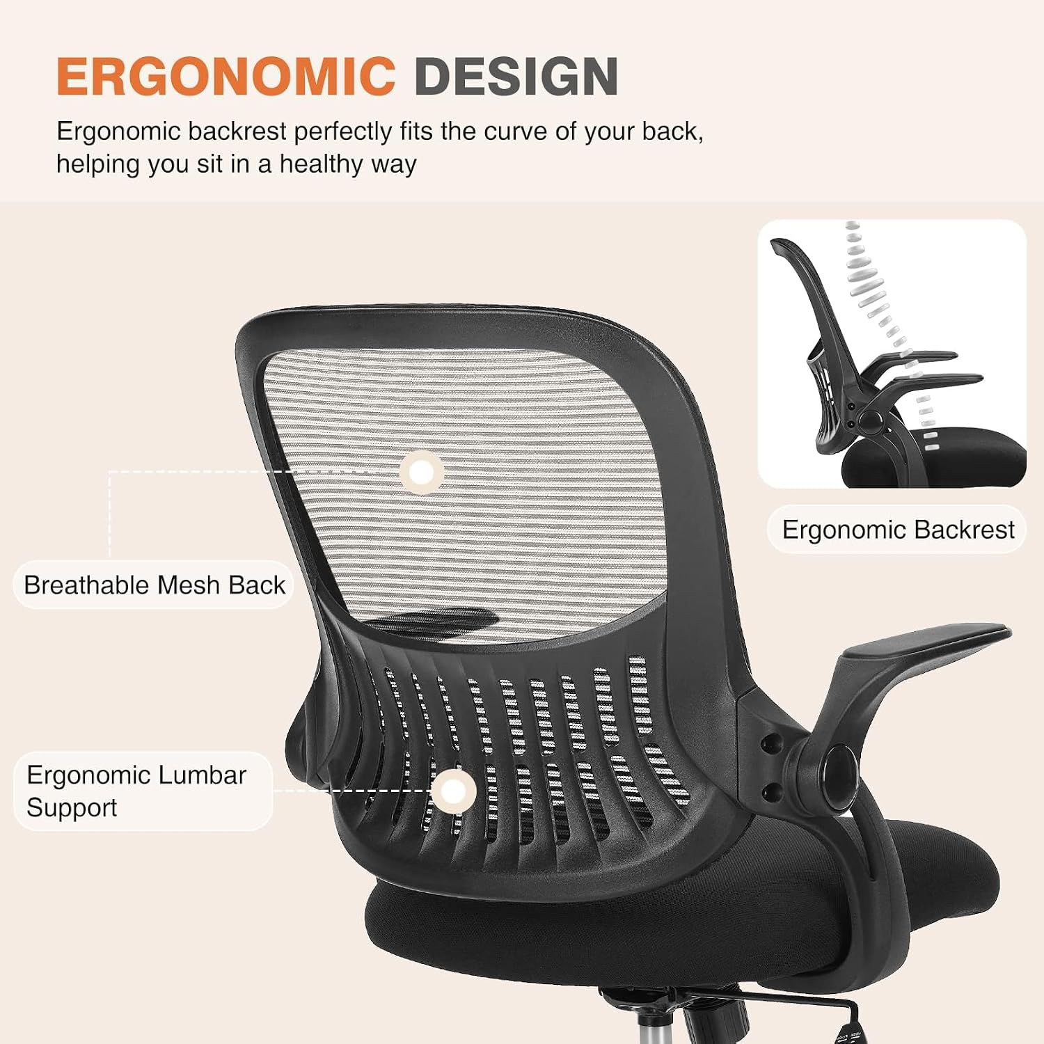 Detalle de Sweetcrispy C-3718-1B-BK Mid-Back Mesh Office Chair with Flip-Up Arms
