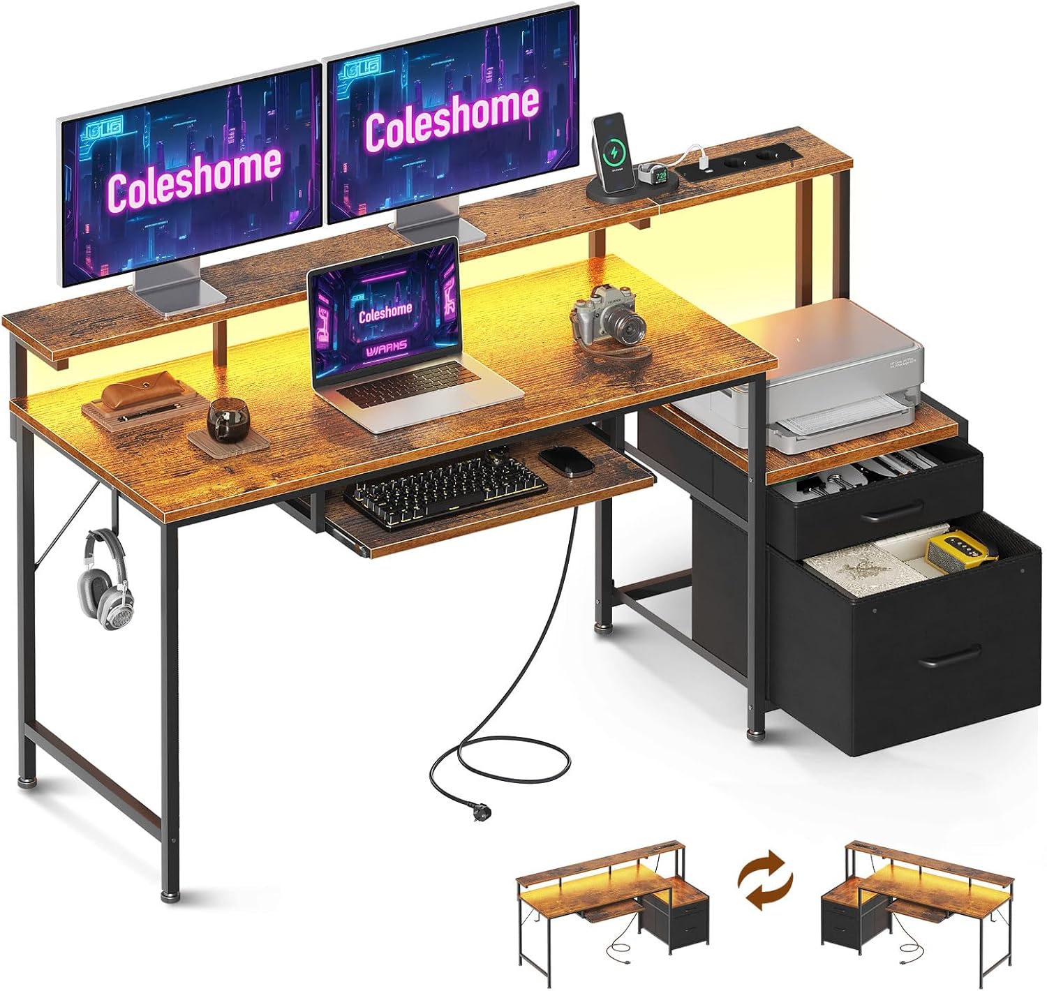 Detalle de Coleshome Scrivania Gaming con LED e Prese, 140x48cm: scrivania reversibile con vassoio tastiera e supporto monitor