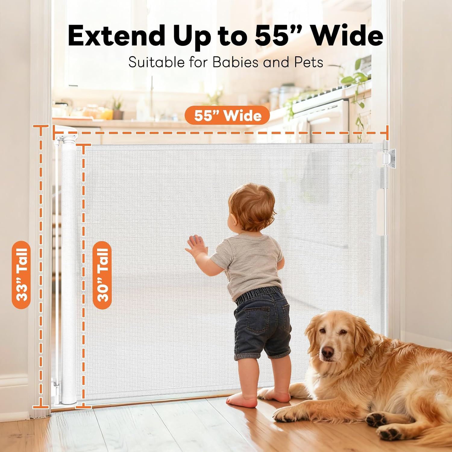 Detalle de Peluasua Retractable Baby Gate, 55" Wide x 33" Tall Mesh, No Bottom Rail