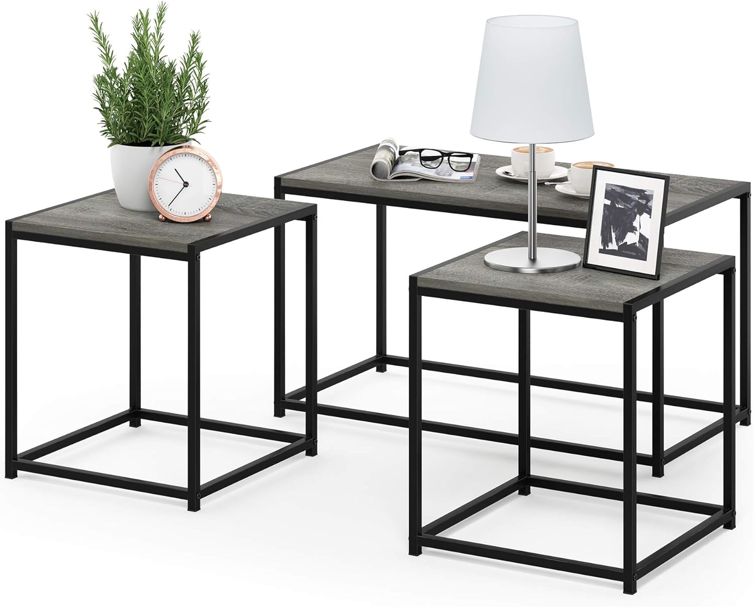 Detalle 2 de Furinno Camnus: Set tavolo soggiorno moderno con tavolino da caffè e due tavolini, rovere francese grigio