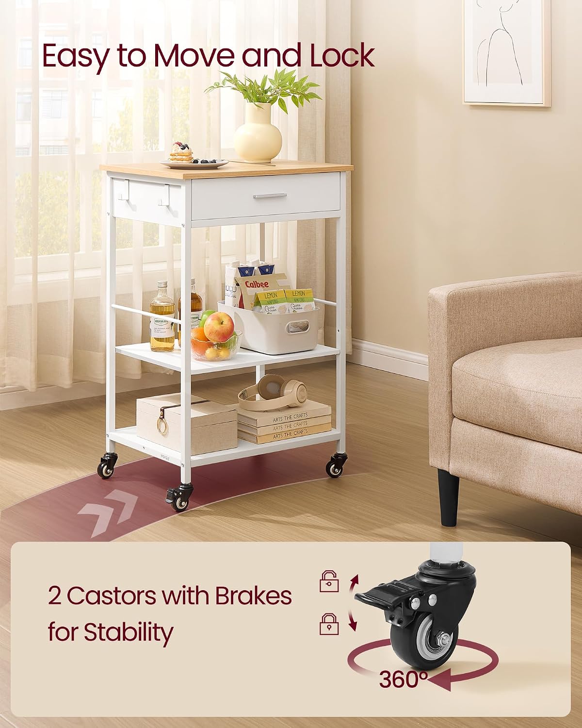 Detalle de VASAGLE BARNET KKI007Y01 Kitchen Trolley, 60 x 45 x 90 cm, Drawer and Shelves