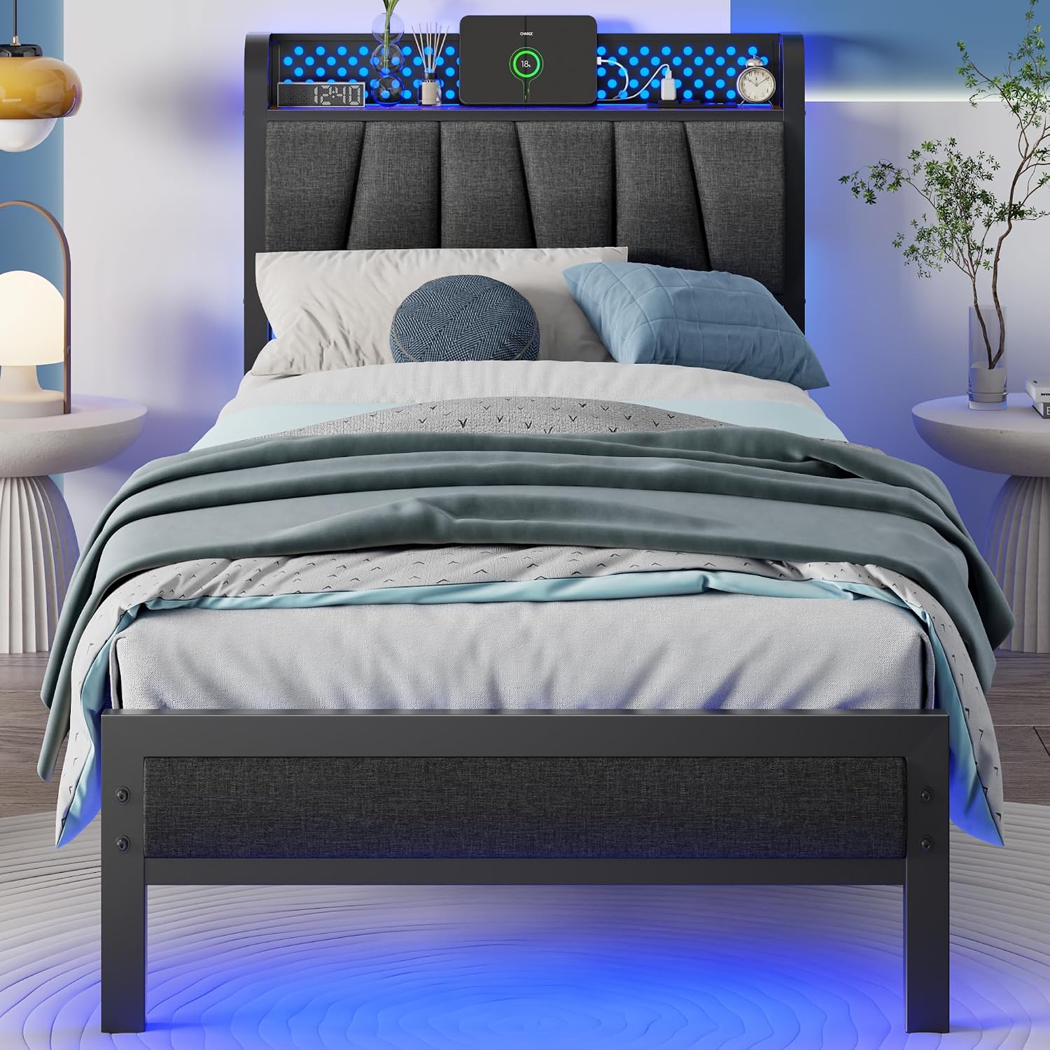 Detalle de Furnulem Twin Bed Frame with RGB LED Lighting, Charging Station and Upholstered Headboard