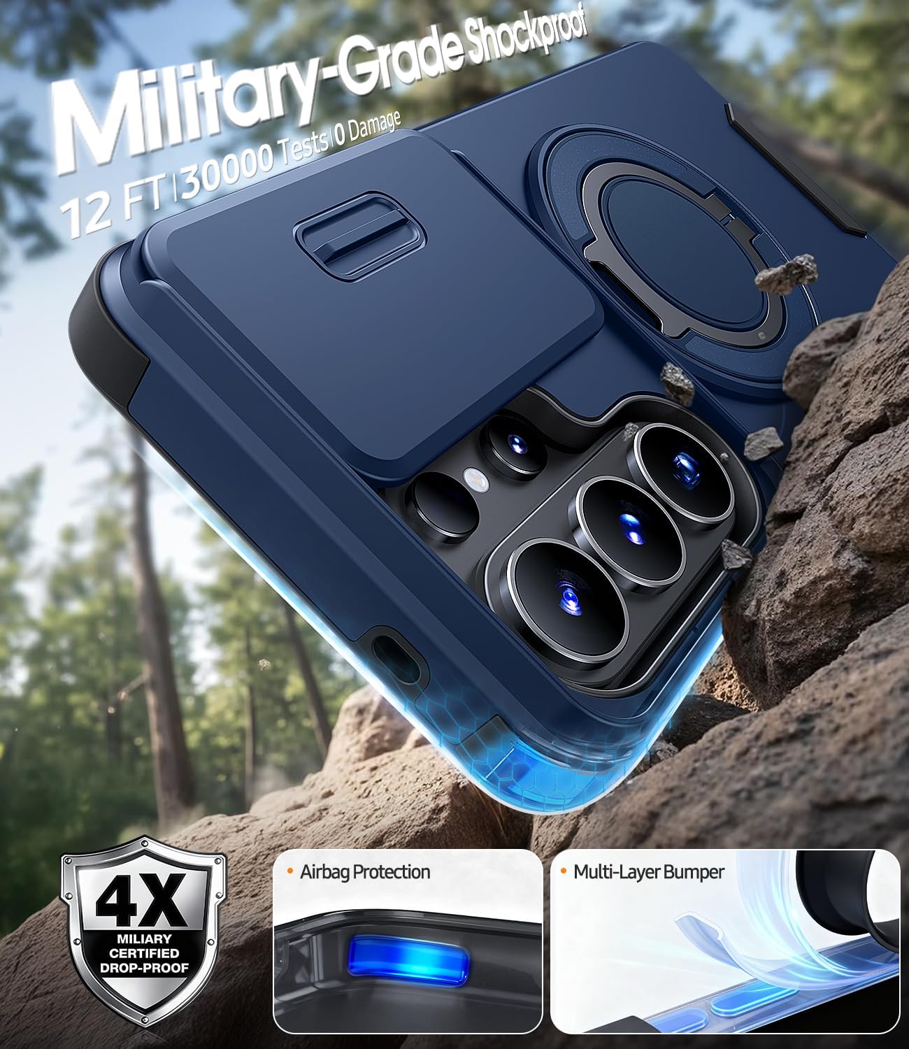 Thumbnail 3 de JAME Galaxy S26 Ultra Case with Ring Holder, Slide Camera Cover, and Screen Protector (Blue)