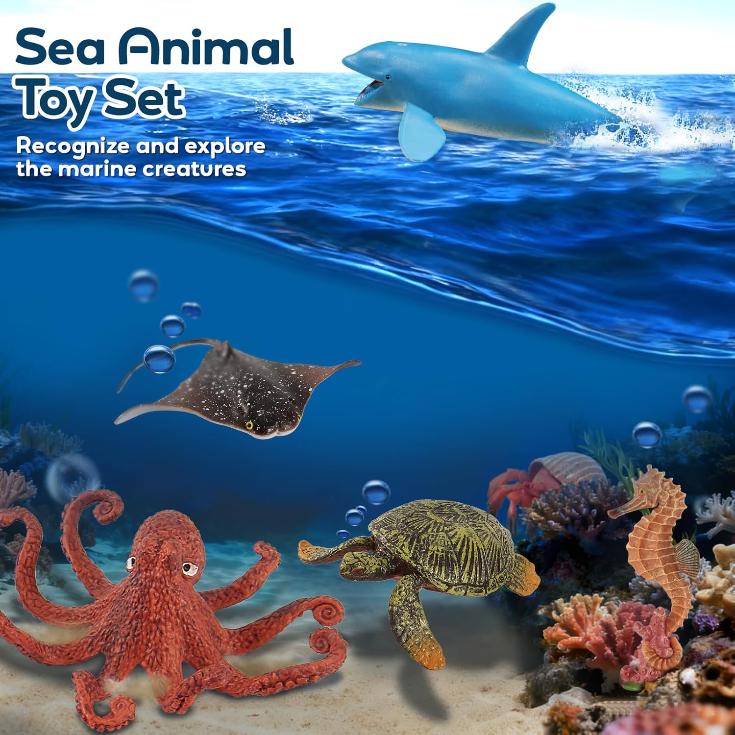 Thumbnail 3 de HYAKIDS 12-Piece Sea Animal Figures Set (Large Ocean Creatures Bath Toys & Cake Toppers)