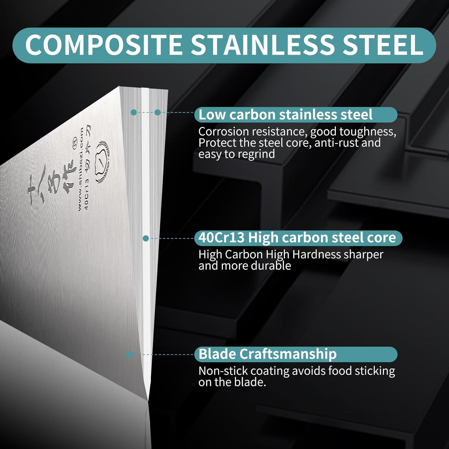 Thumbnail 3 de SHI BA ZI ZUO Couteau de chef boucher à 3 couches en acier carbone (manche antidérapant)