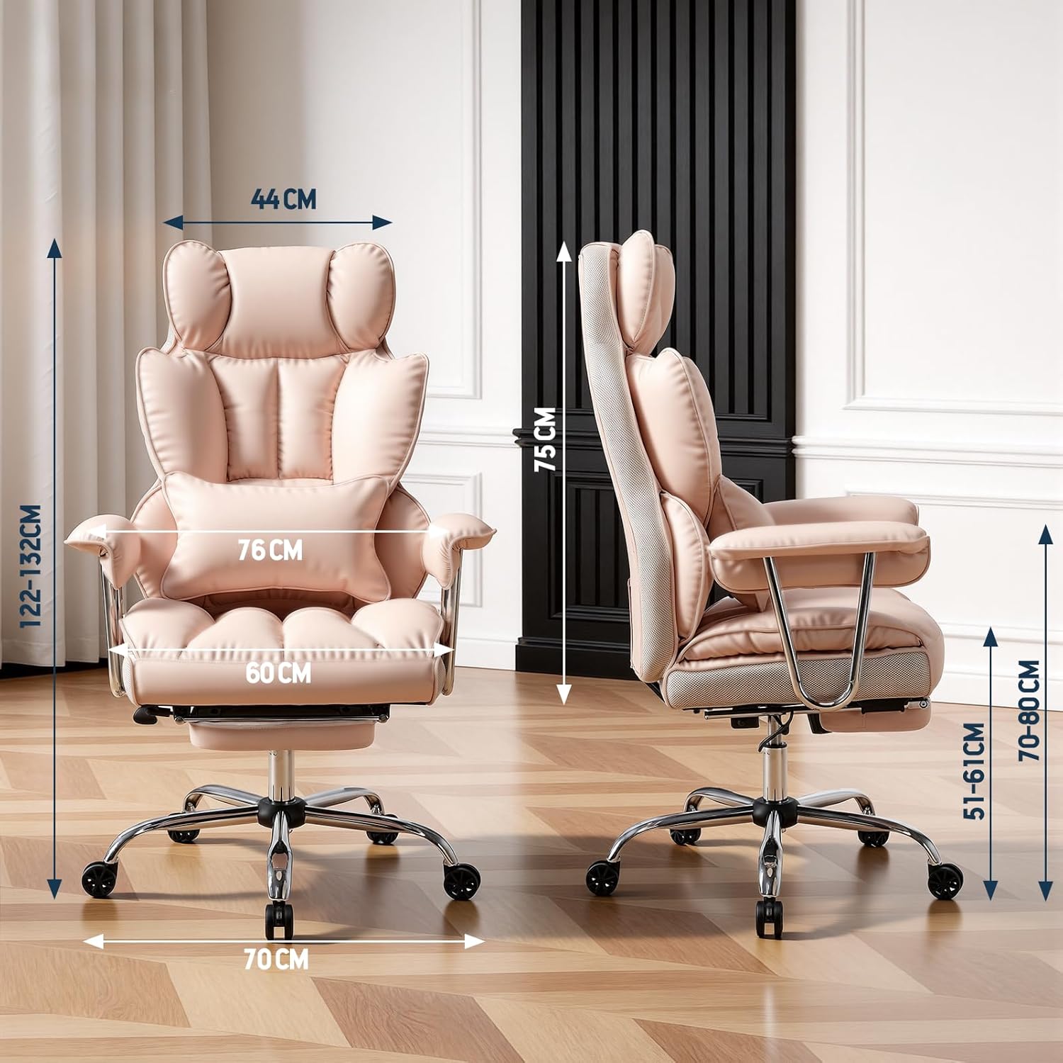 Thumbnail 1 de Efomao Big & Tall PU Leather Executive Office Chair (Light Pink) – 200kg, High Back, Lumbar Support & Footrest