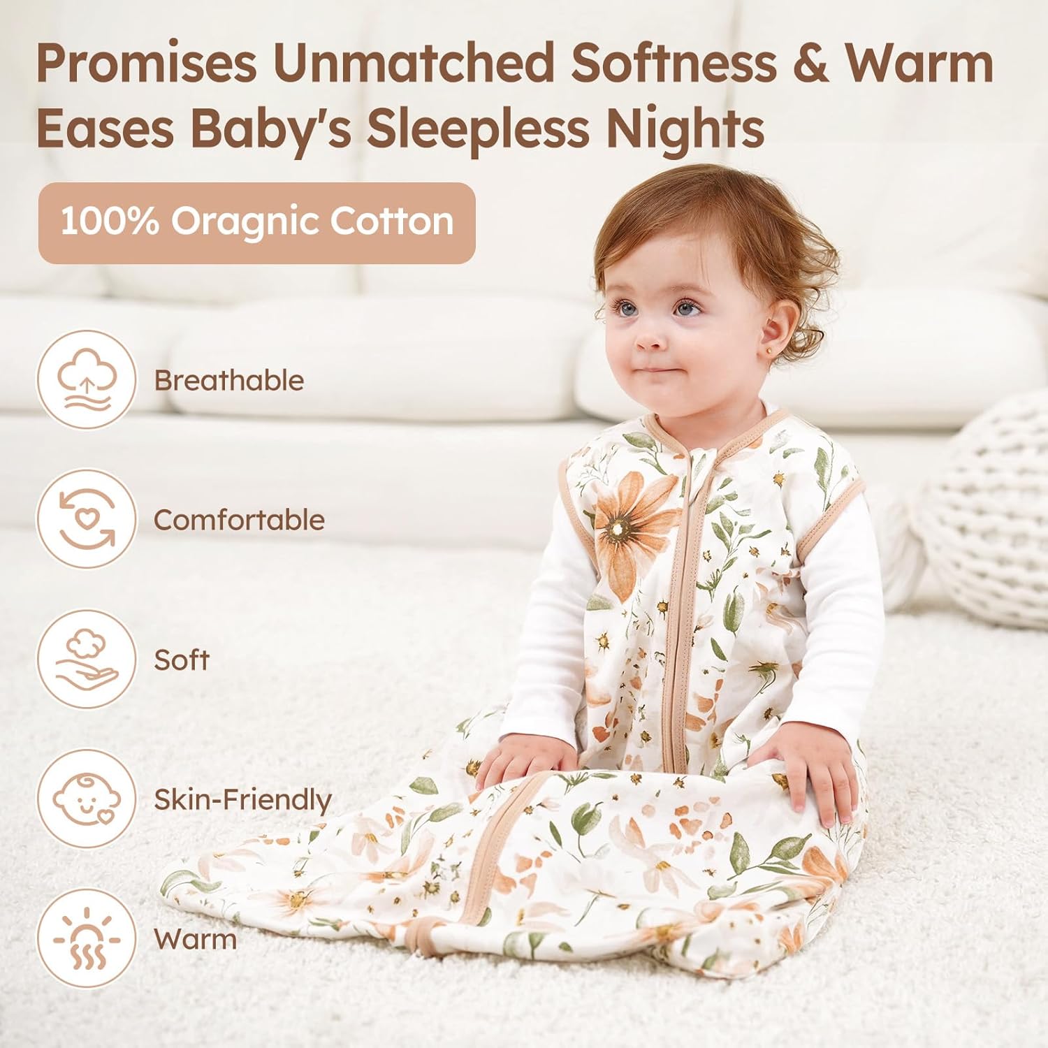 Detalle 2 de Unnivoll Baby Sommerschlafsack 0.5 Tog – 3er Pack, 67 cm, 100% Baumwolle, braunes Karo mit Blumenmuster