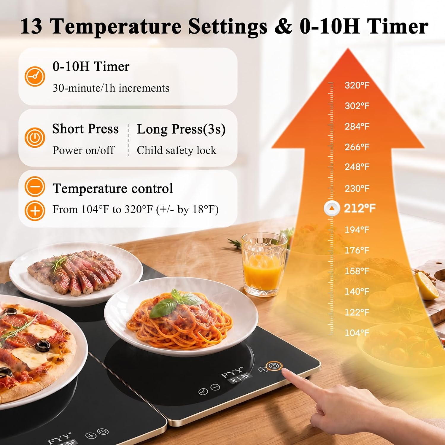 Detalle de FYY 3-Panel Electric Warming Tray with Tempered Glass, 13 Heat Levels and Timer