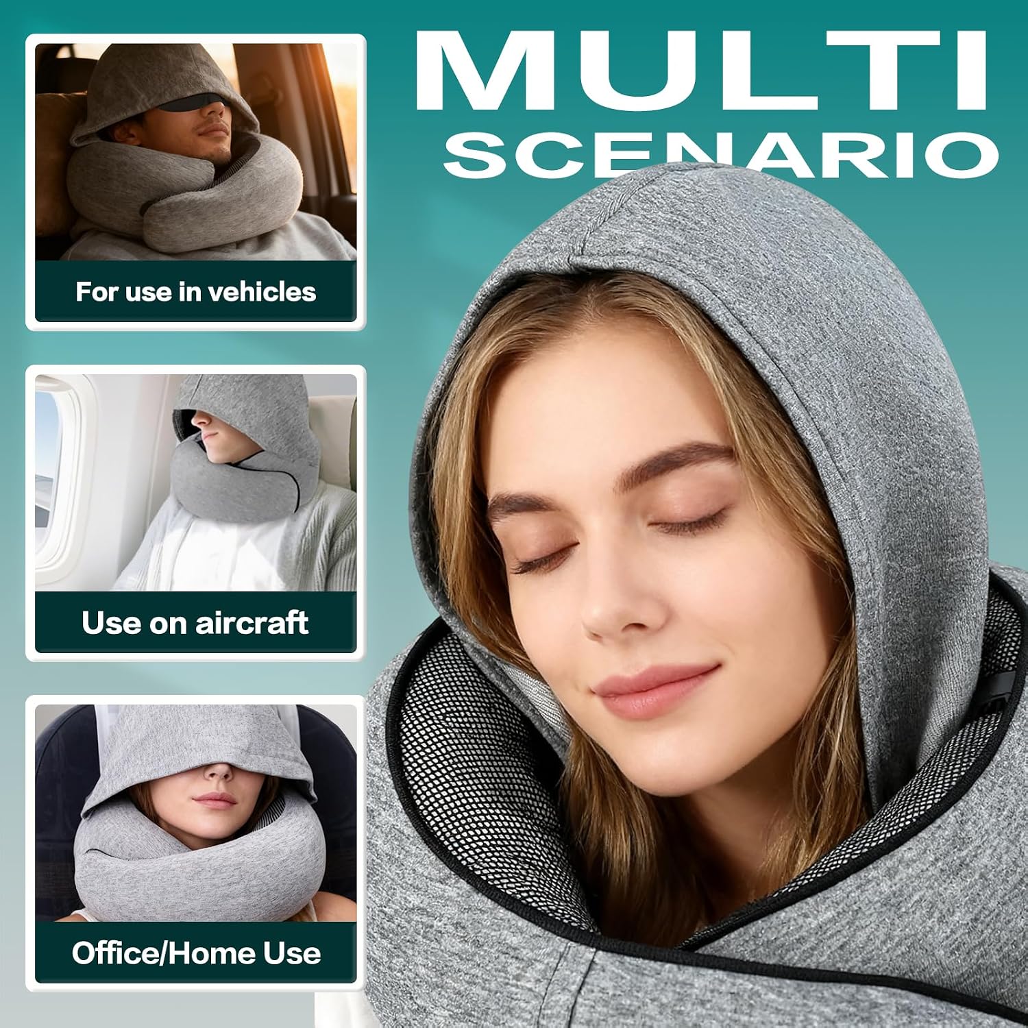 Detalle 2 de Kakveiai Nackenkissen Flugzeug – verstellbares Reisekissen mit Kapuze, Memory Foam & Schlafmaske