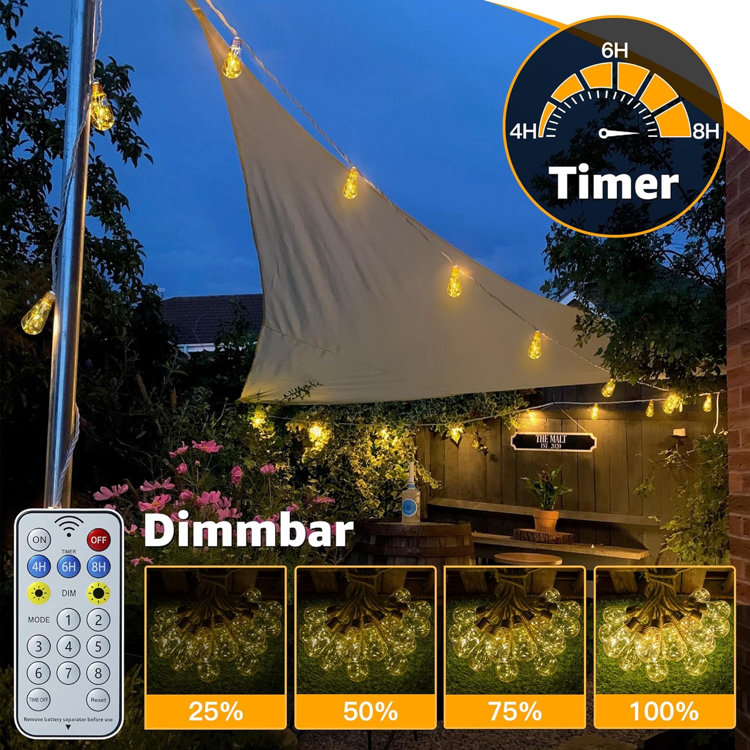 Thumbnail 4 de Ollny Solar-Lichterkette für außen mit 16 S17-Glühbirnen, 8 Modi & Timer (IP45) – USB und Fernbedienung