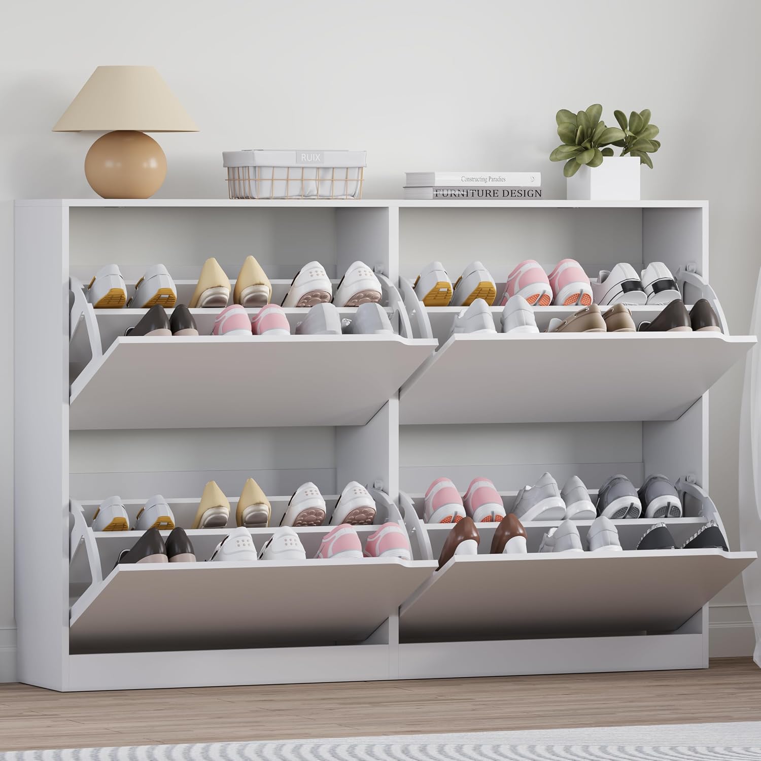 Detalle de BORNOON 4-Drawer Shoe Cabinet, Slim White Engineered Wood Storage