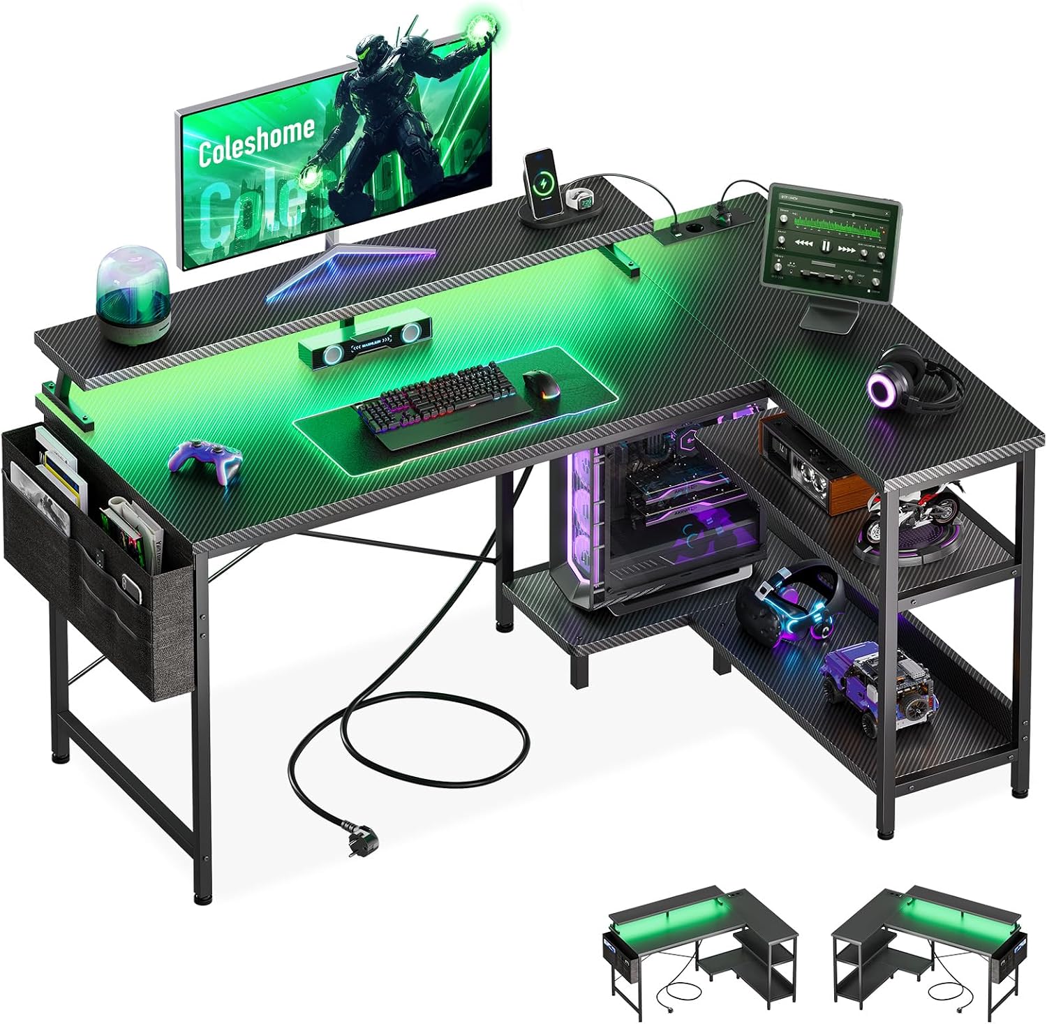 Detalle de Coleshome B01061901005 L-format gamingbord med LED och uttag, 120 × 80 cm