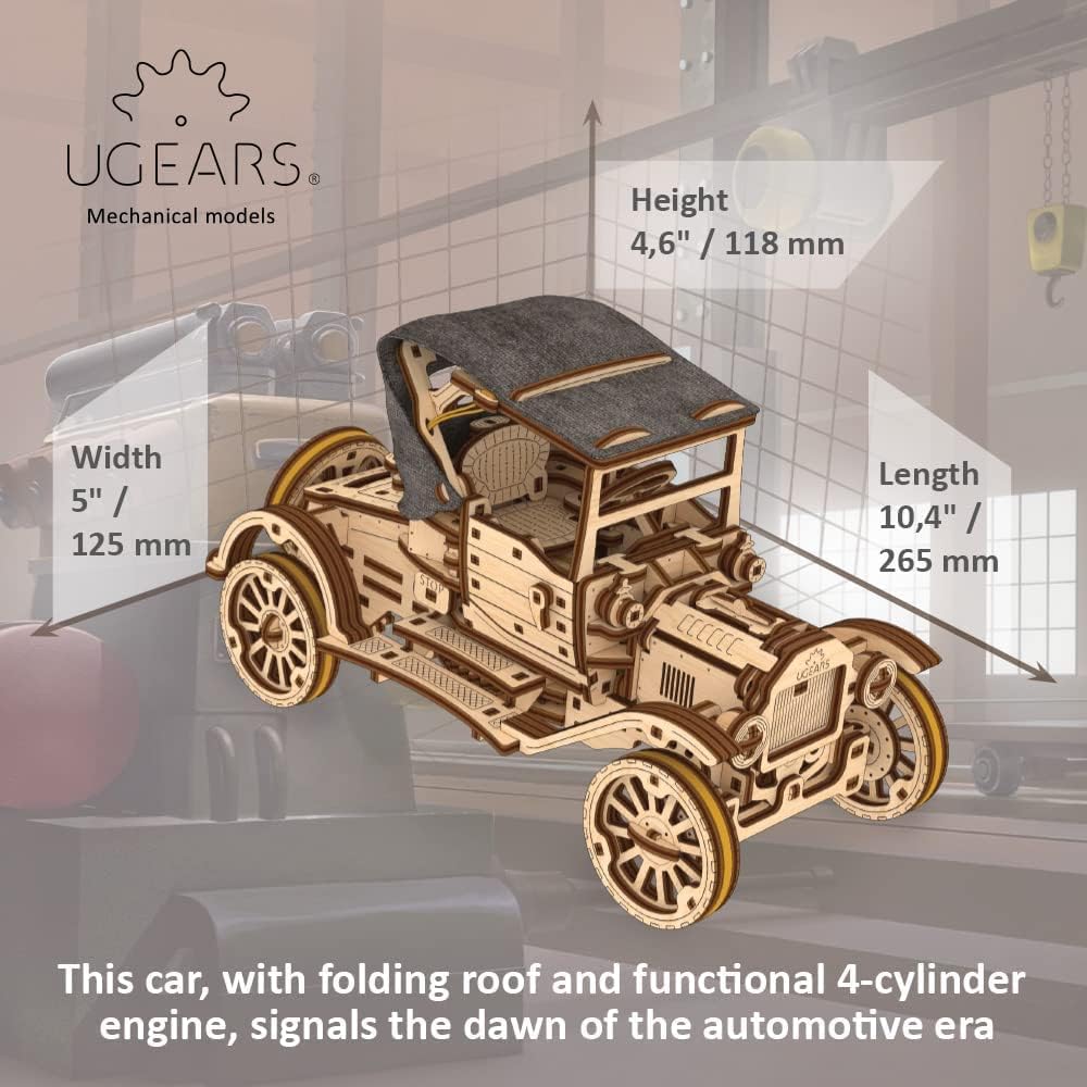 Thumbnail 1 de UGEARS Classic Model Car Kit — puzzle 3D en bois rétro avec toit pliant et moteur fonctionnel à 4 cylindres