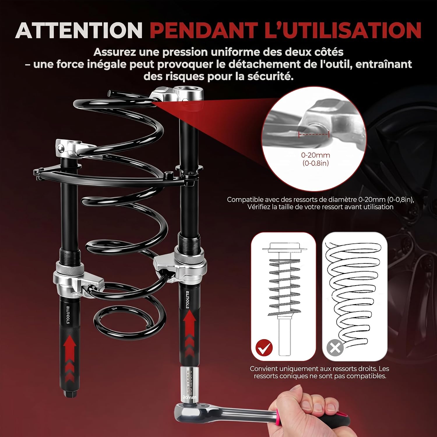 Detalle de BILITOOLS Lot de 2 Compresseurs de Ressort Amortisseur Professionnel pour Macpherson – Outil Auto Robuste Charge 1200kg