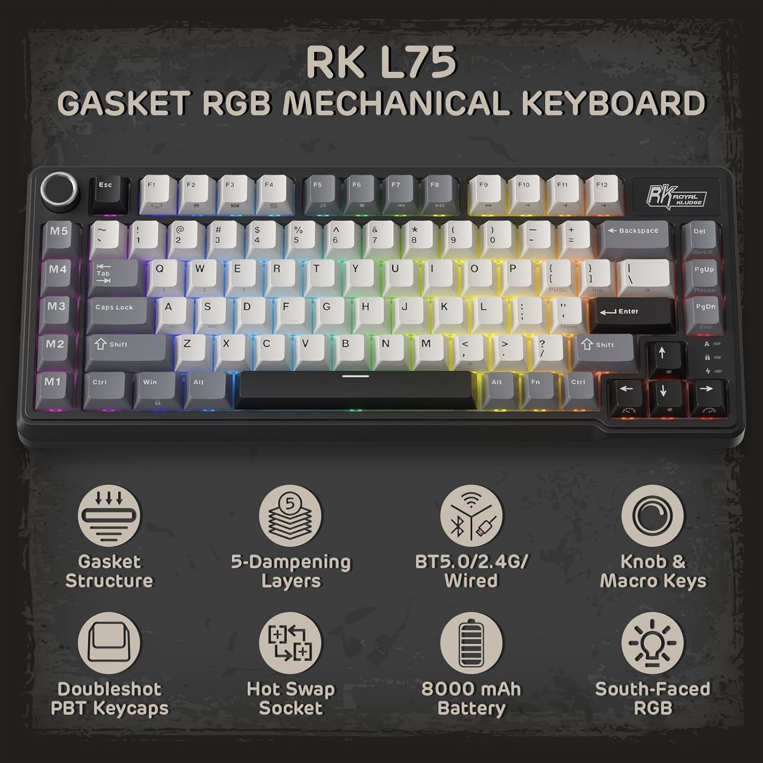 Thumbnail 1 de RK ROYAL KLUDGE L75, clavier mécanique 75 % tri-mode Bluetooth/2,4 GHz/USB-C avec étanchéité et macros
