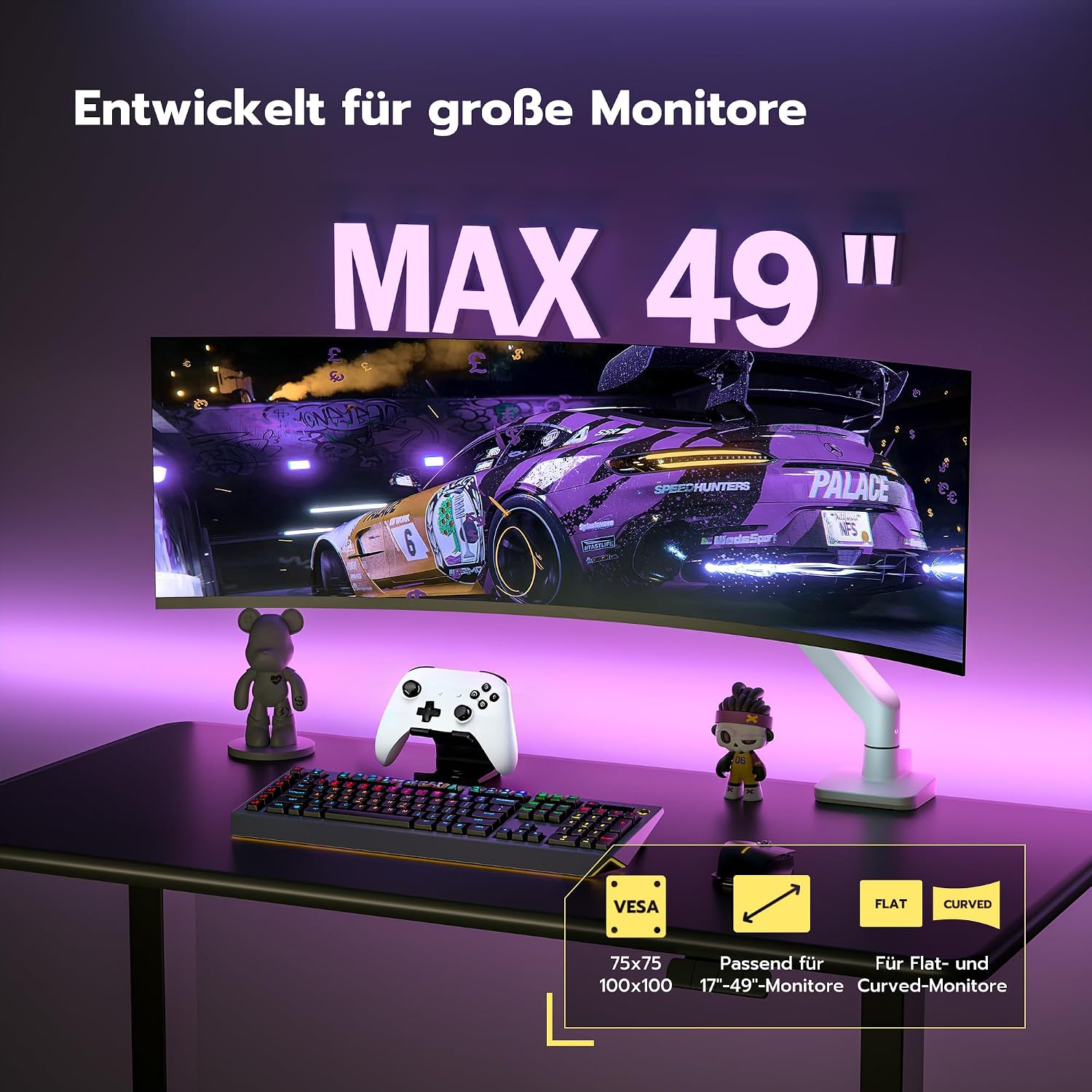 Detalle 2 de ARES WING Monitorhalterung 17–49 Zoll, Gasfeder, 20 kg Tragkraft, VESA 75/100 mm – Weiß