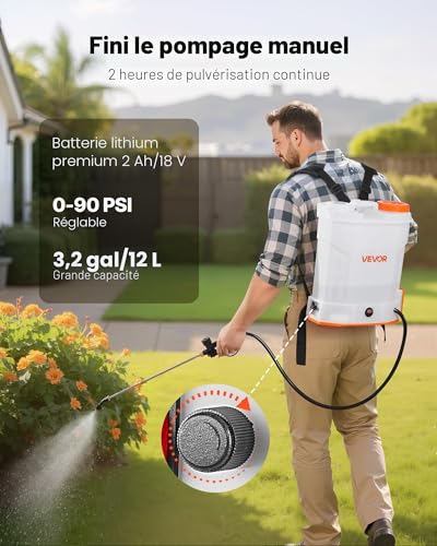 Detalle de VEVOR Pulvérisateur à Dos Électrique 12 L – Batterie 18 V, 2 Ah, 0–6,2 bar, 2 Lances et 5 buses