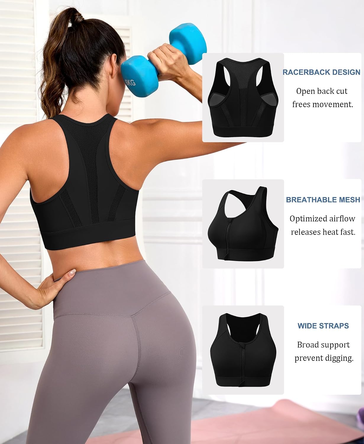 Detalle 2 de JoyGirl High-Impact Zip-Front Racerback Sports Bra for Women