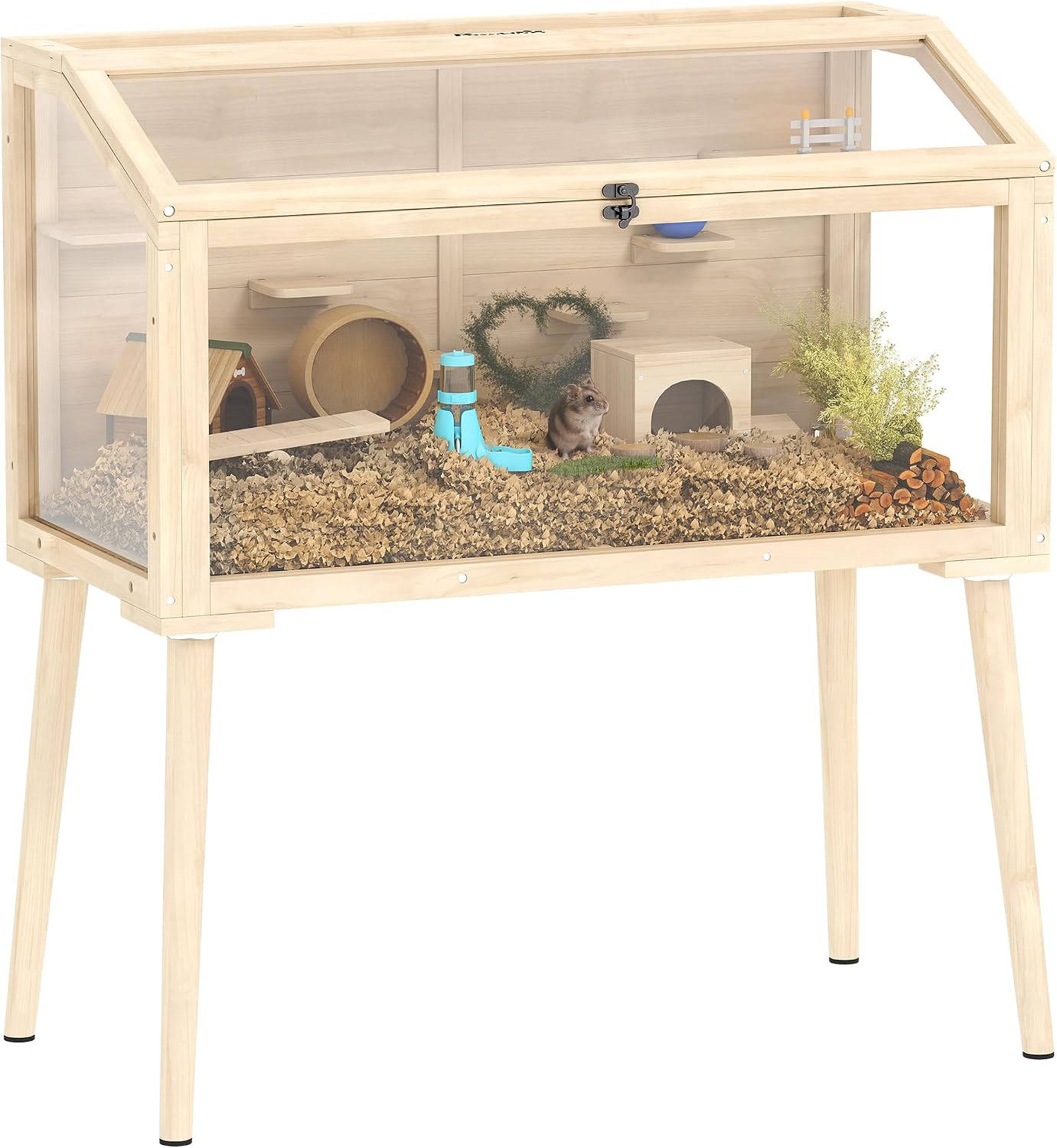 Detalle de PawHut Cage Hamster en bois FSC avec toit ouvrable, 7 plateformes, 2 balançoires et bouteille d’eau (110 x 52 x 101 cm)