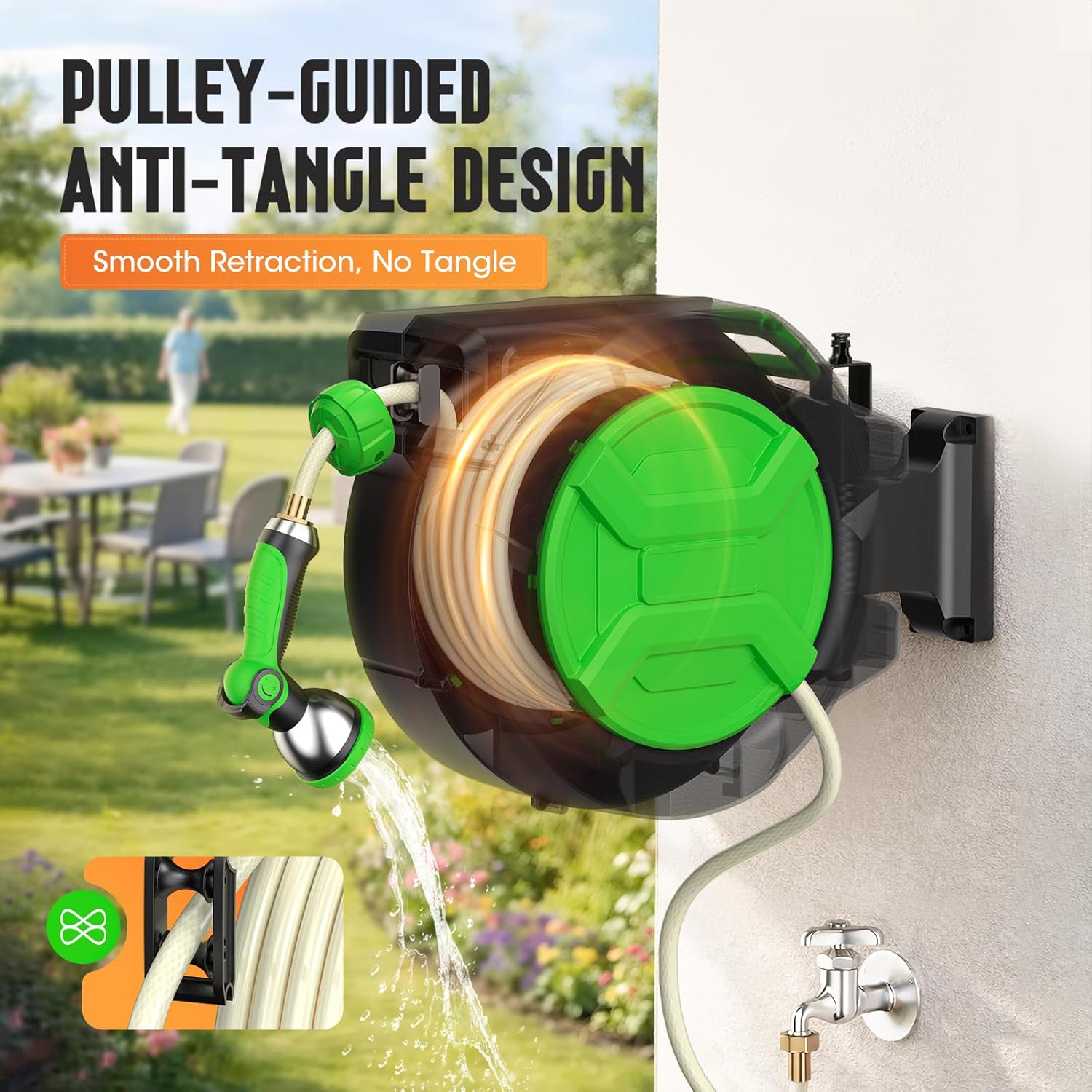 Detalle 2 de Garden Hose Reel 2-in-1 Wall Mounted Portable Auto Rewind Hose Reel with 180° Swivel Bracket, Any Length Lock & 9-Pattern Nozzle (1/2in 30+2m)