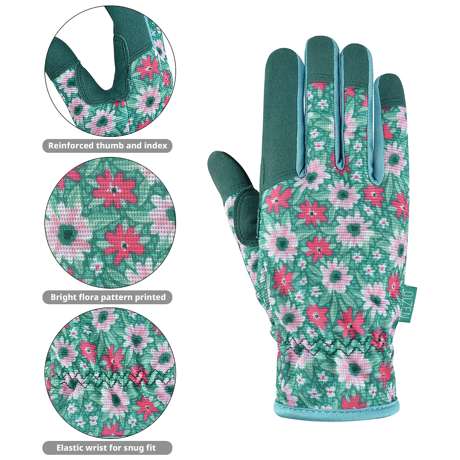 Detalle de OIZEN Gardening Gloves for Women and Men (Green Flowers) – Thorn Proof, Touch Screen Friendly, Size M