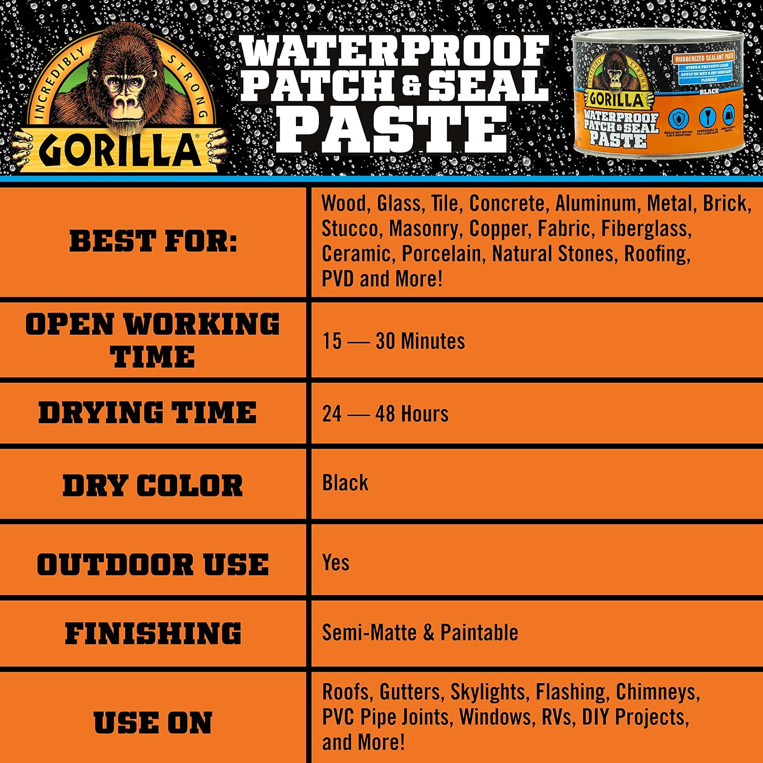 Detalle de Gorilla 120339 Waterproof Patch & Seal Paste, Black, 454 g