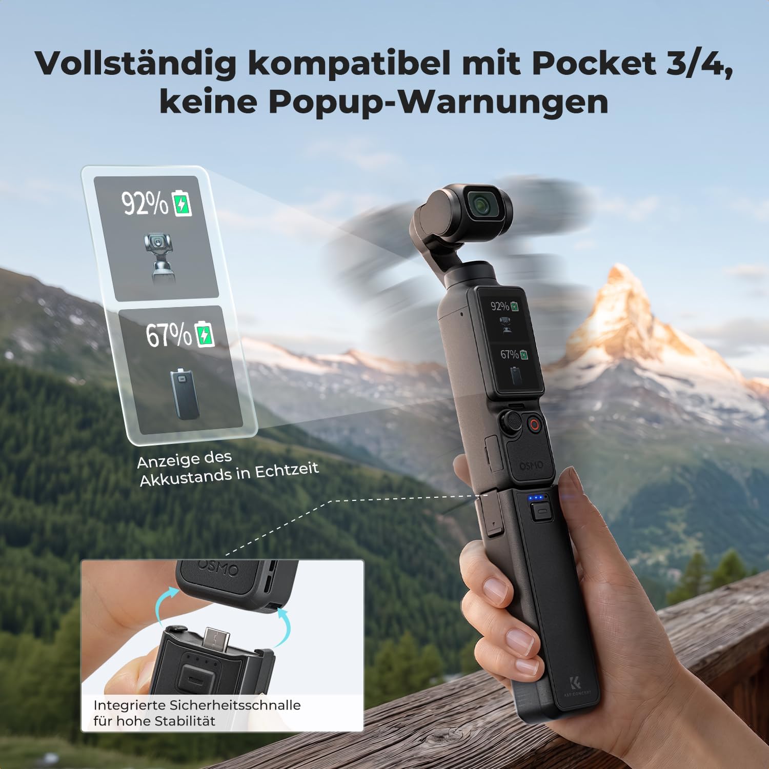 Detalle 2 de K&F CONCEPT Akkugriff 5000mAh Batteriegriff für Osmo Pocket 3/4/4P – effiziente Energieeffizienz unterwegs