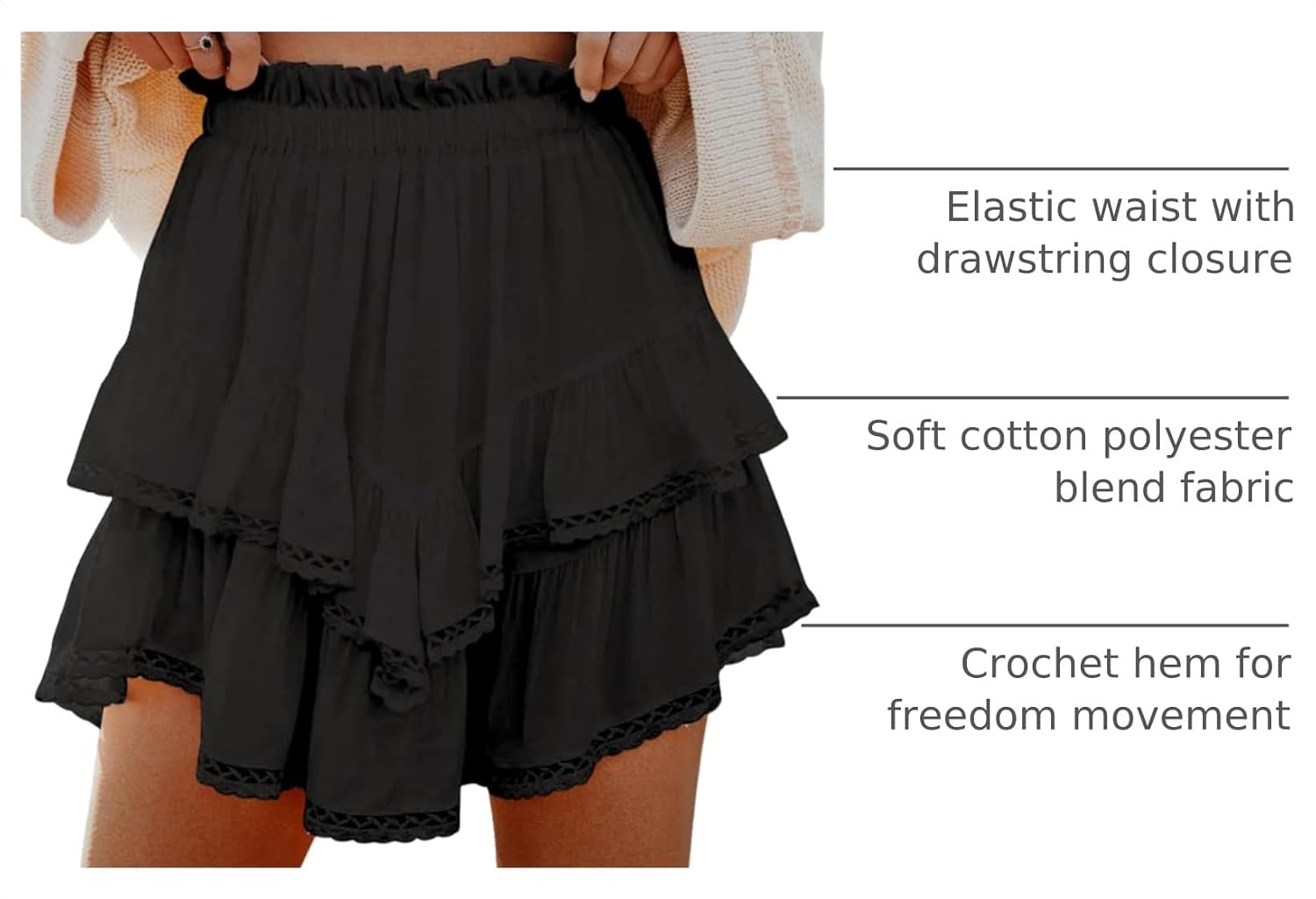 Detalle de Aoudery Flowy Shorts for Women: Double Layer Crochet, High-Waist Boho Ruffle Skorts
