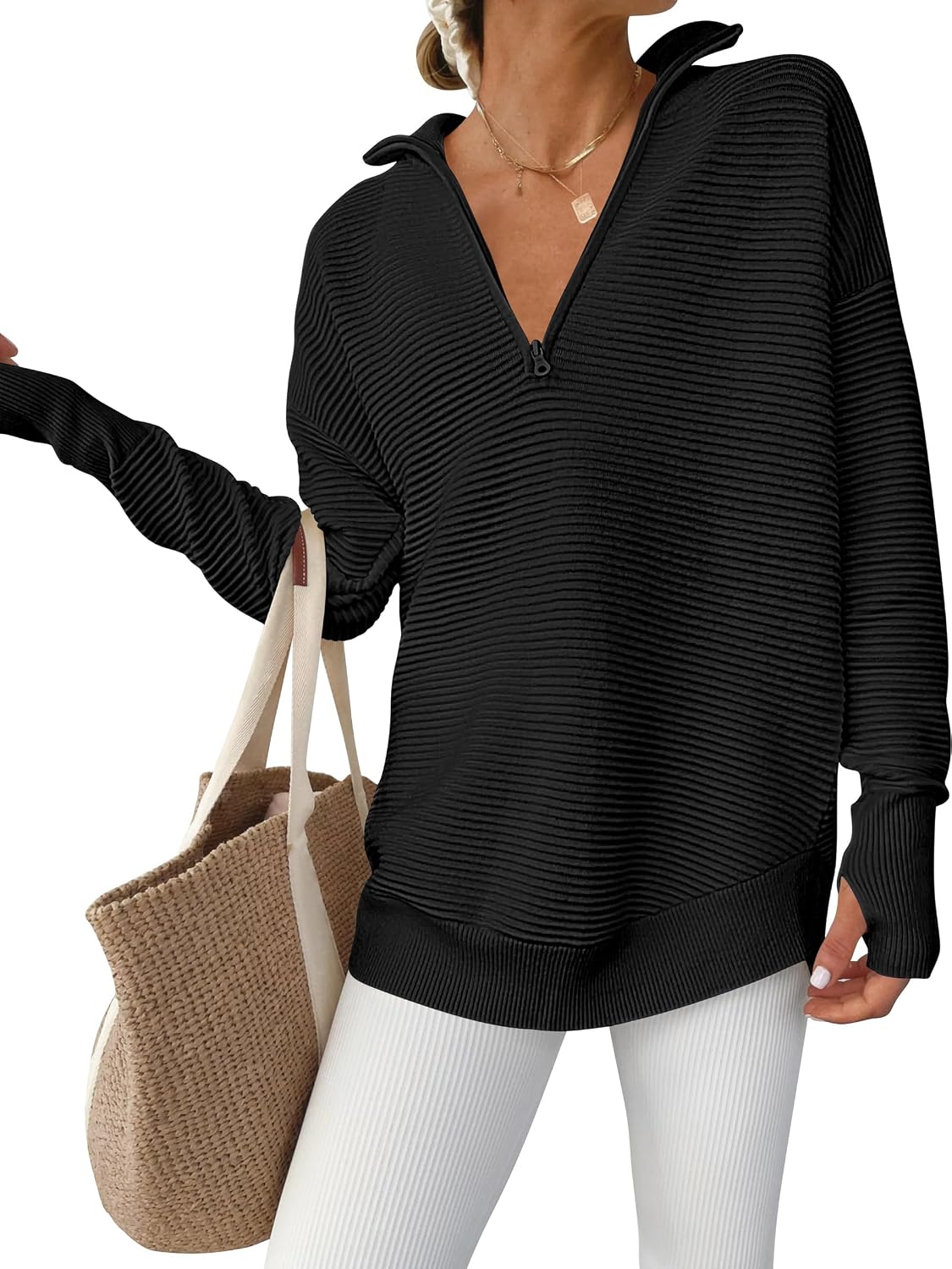 Detalle de ANRABESS Women's Quarter-Zip V-Neck Sweater with Ribbed Knit and Thumbholes