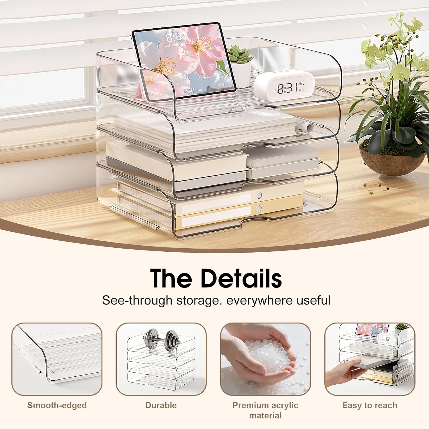 Detalle de NUOGIC C4-DSKO-CA Acrylic Desk Organizer, Clear Stackable Paper Tray